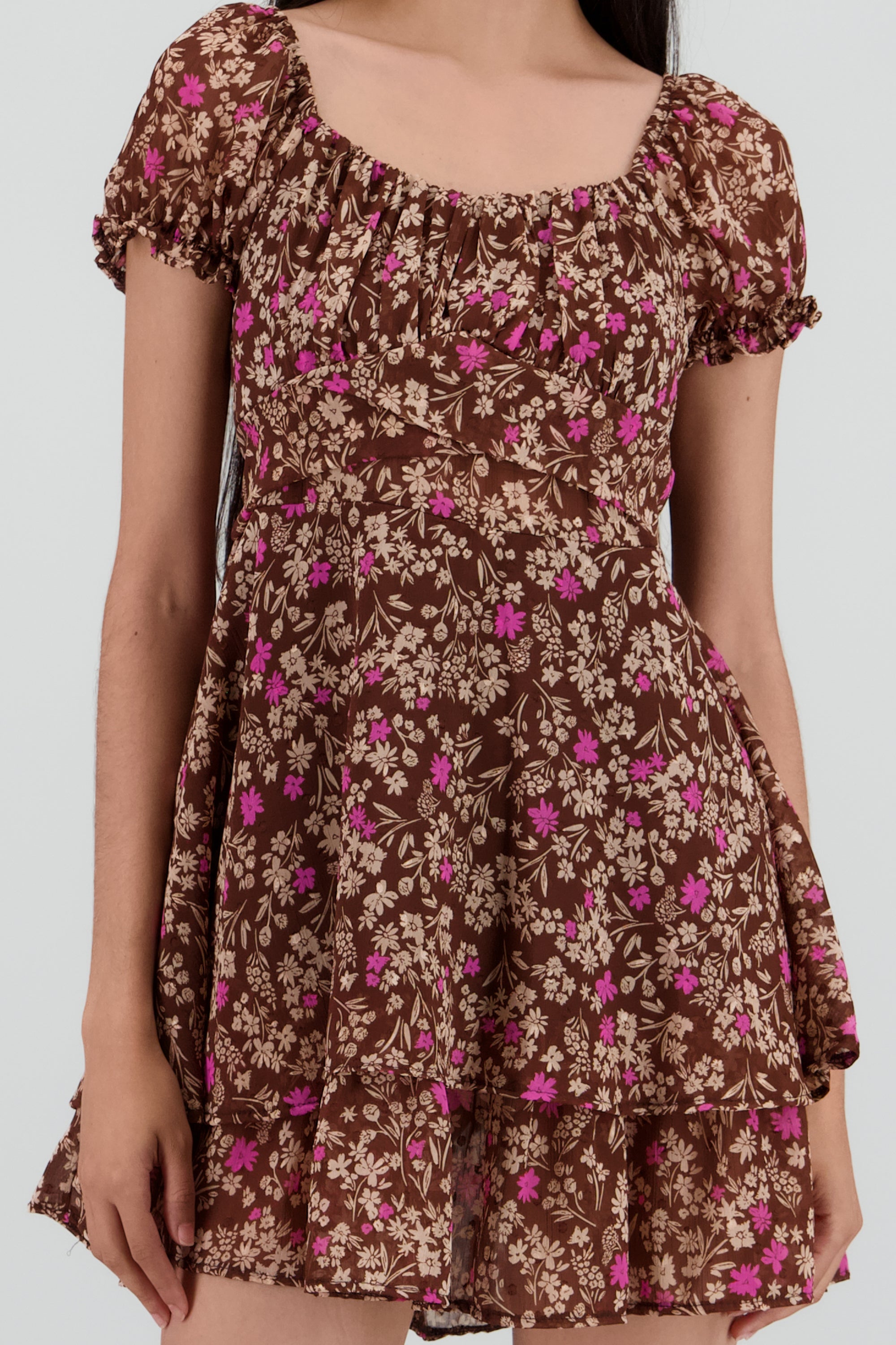 Vestido mini manga abullonada flores CAFE COMBO