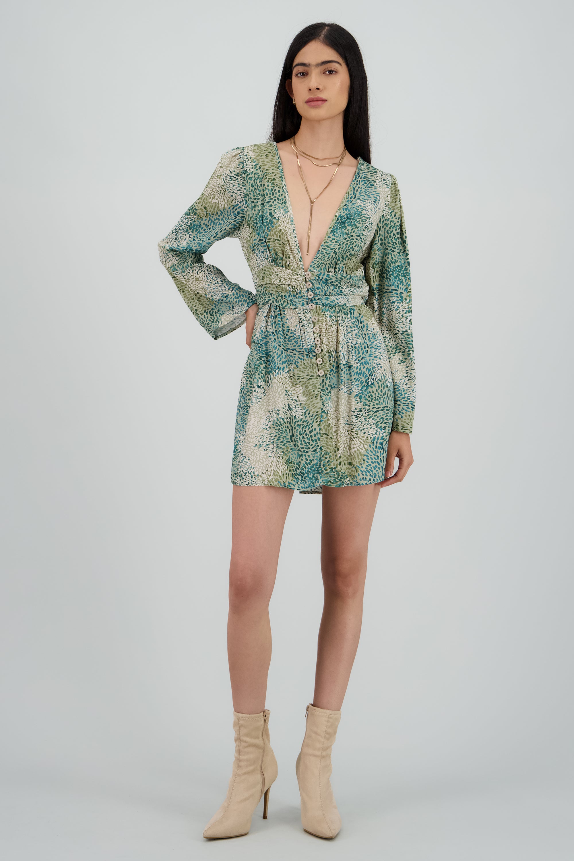 Vestido mini manga larga escote v VERDE COMBO