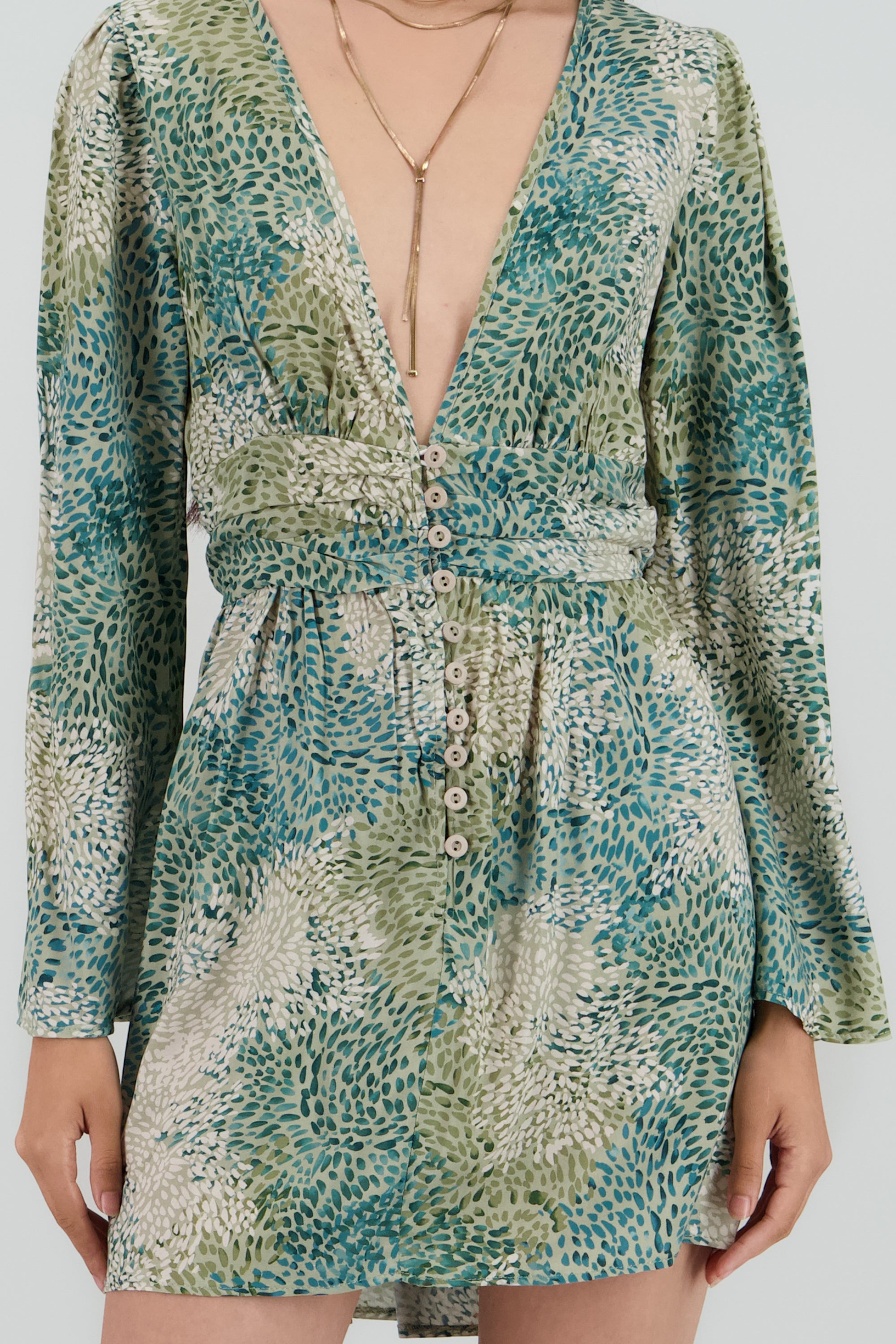 Vestido mini manga larga escote v VERDE COMBO