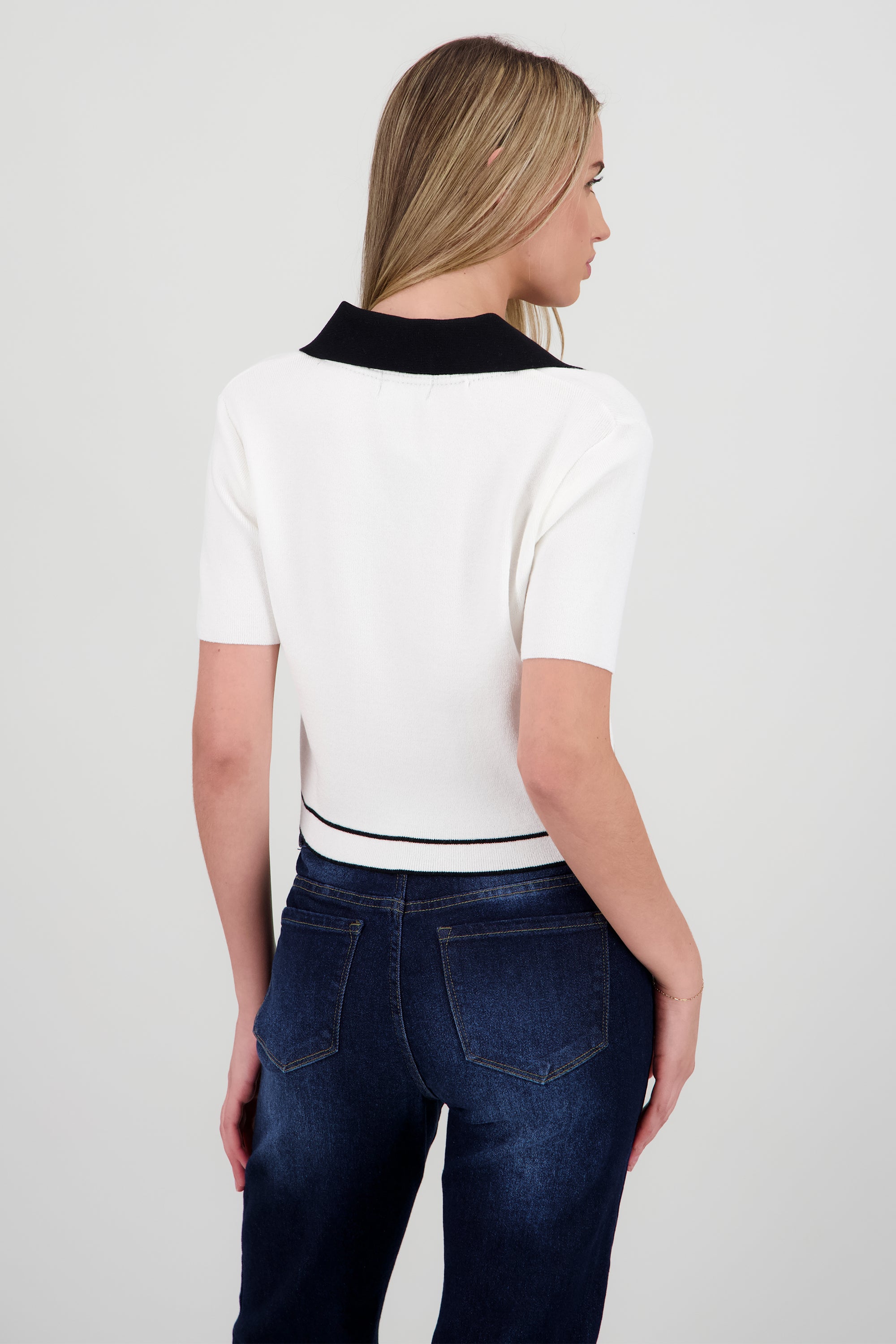 Top manga corta cuello camisero contraste BLANCO COMBO