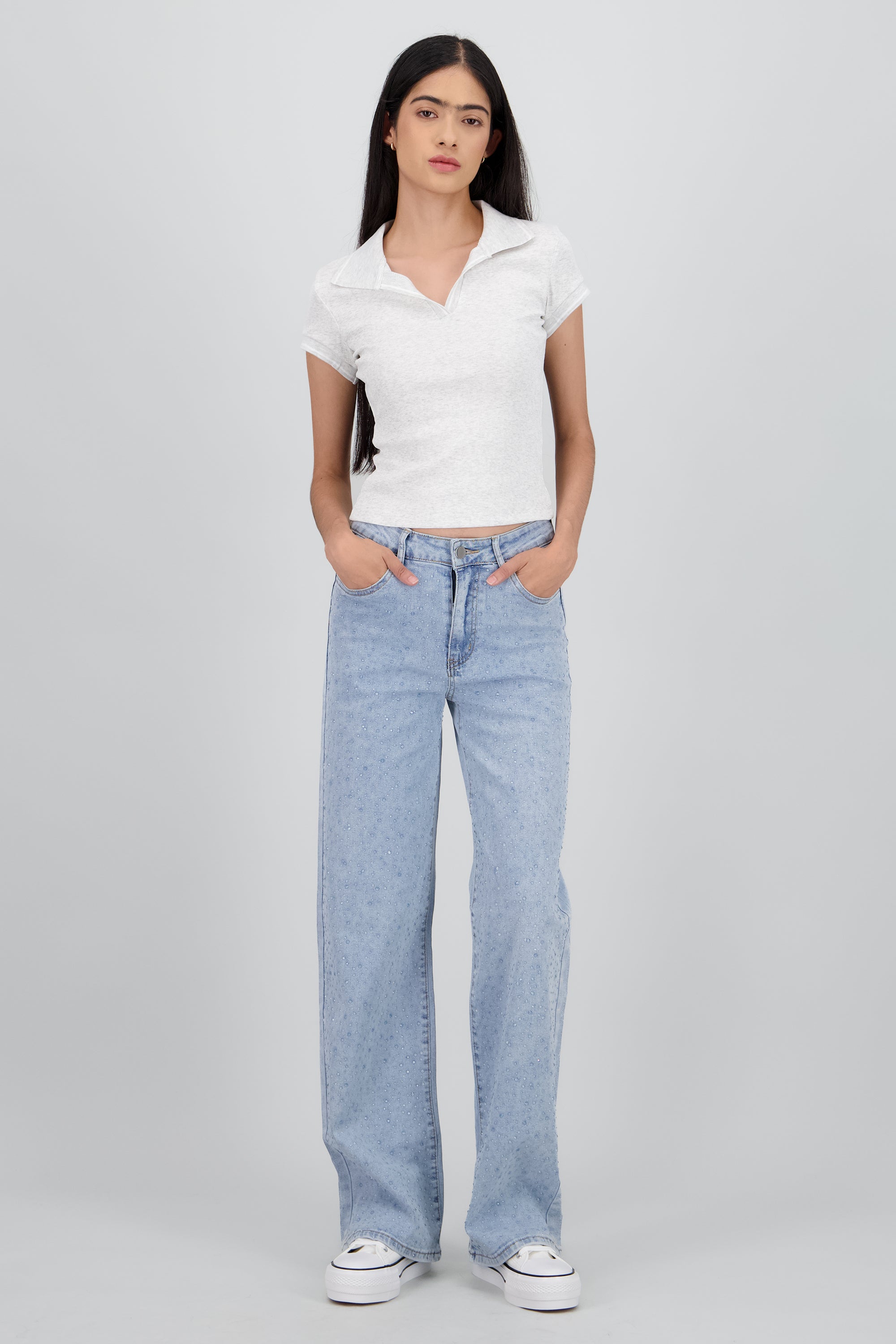 Jeans wide leg con cristales LIGHT WASH