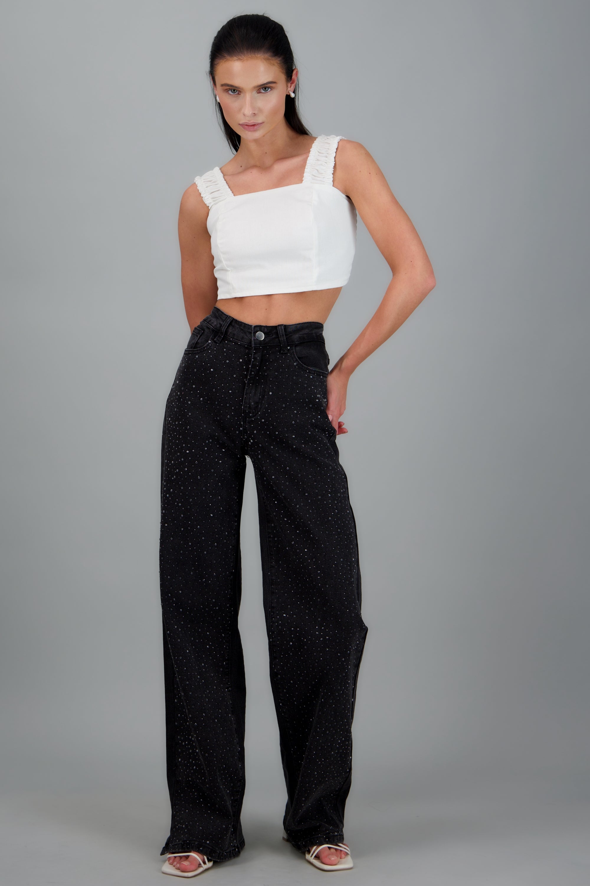 Jeans wide leg con cristales GRIS