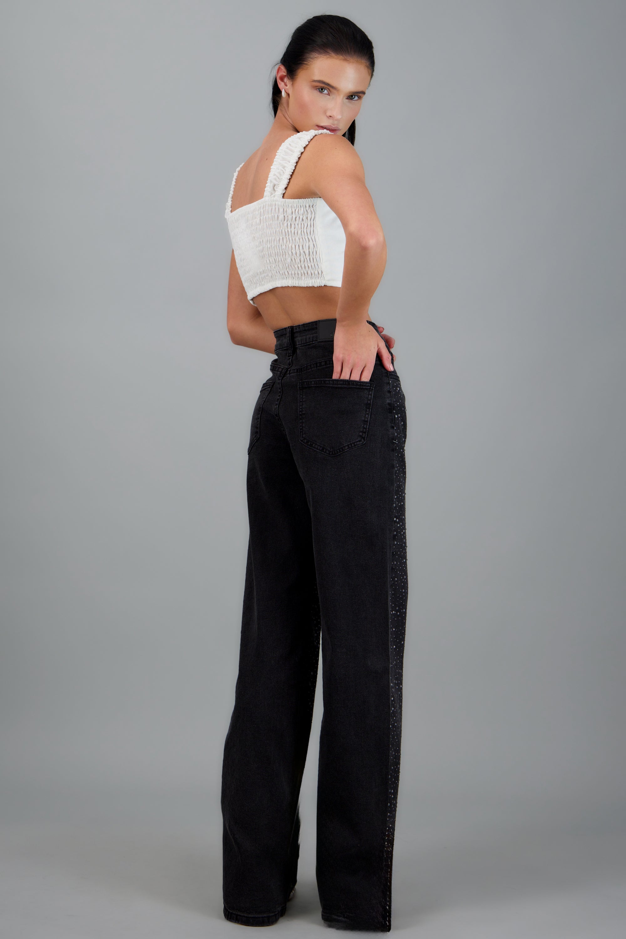 Jeans wide leg con cristales GRIS