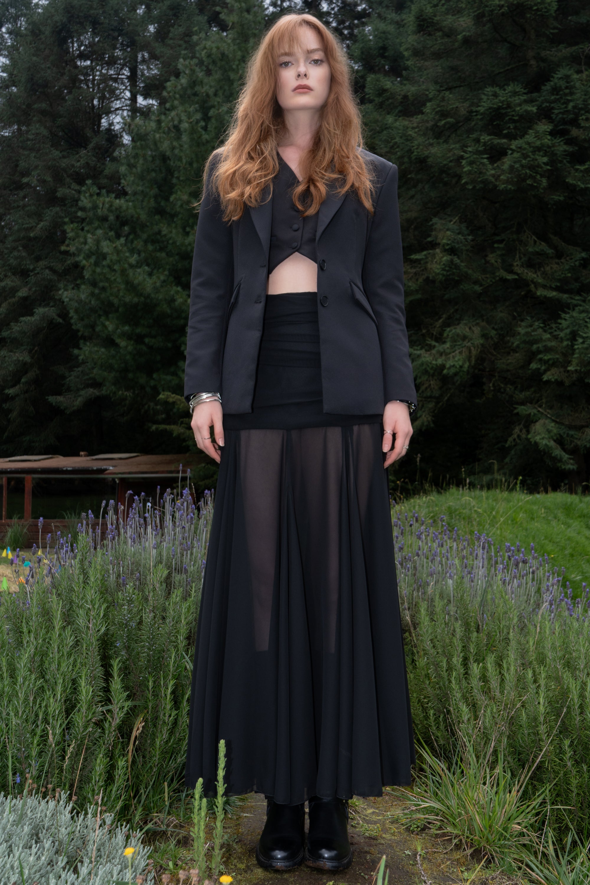 Falda maxi chiffon con drapeado en cintura NEGRO