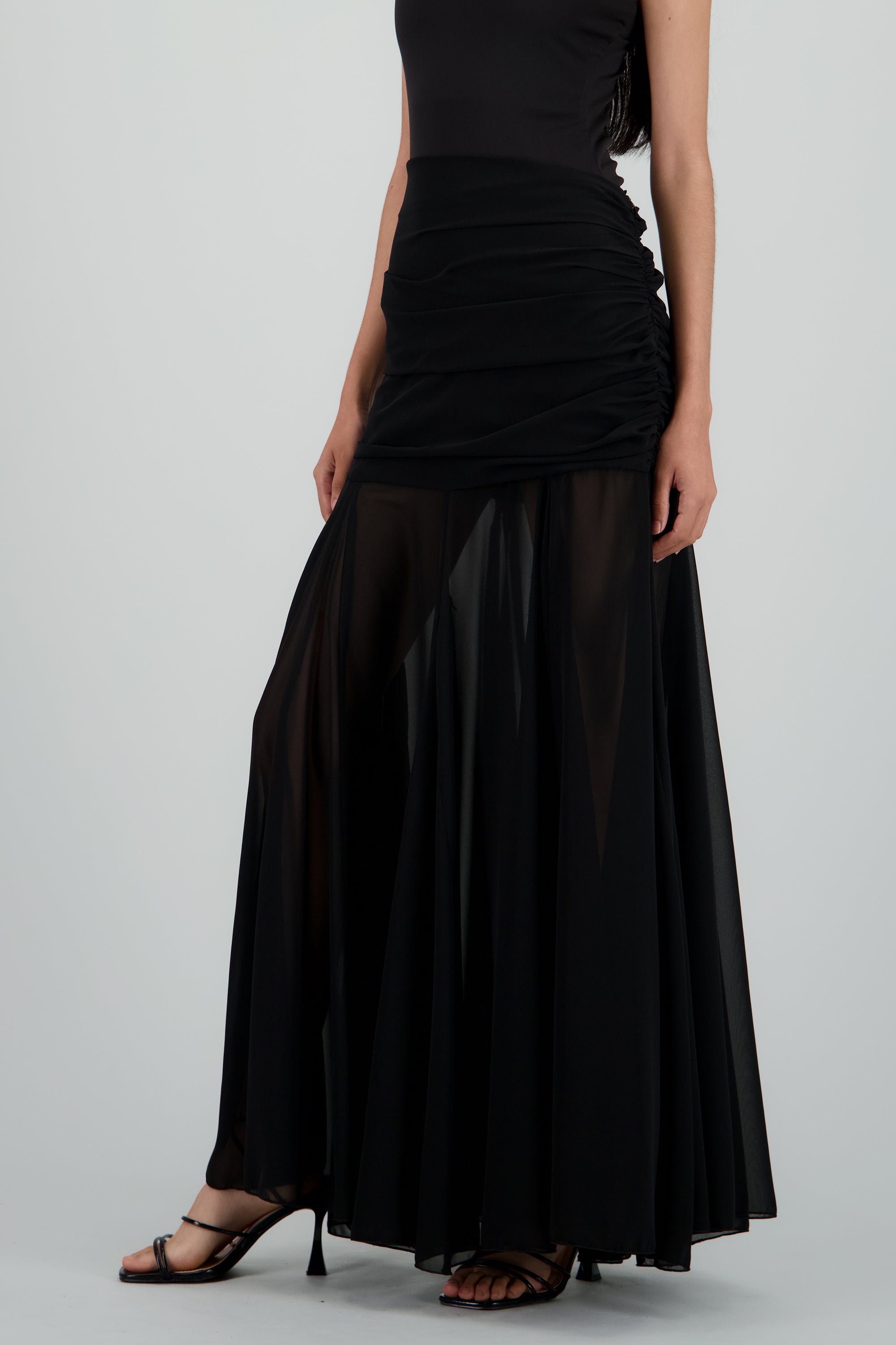 Falda maxi chiffon con drapeado en cintura NEGRO