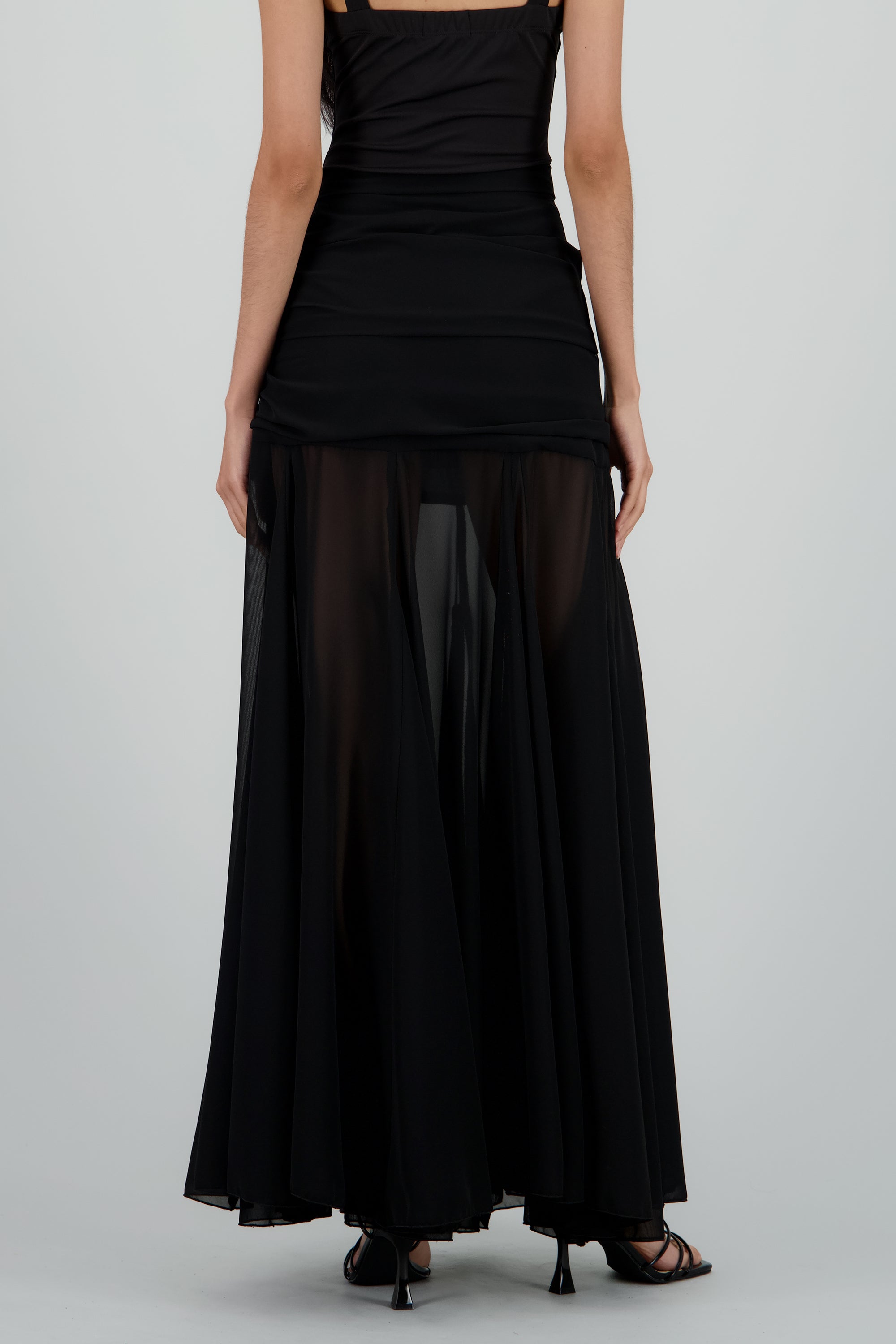 Falda maxi chiffon con drapeado en cintura NEGRO