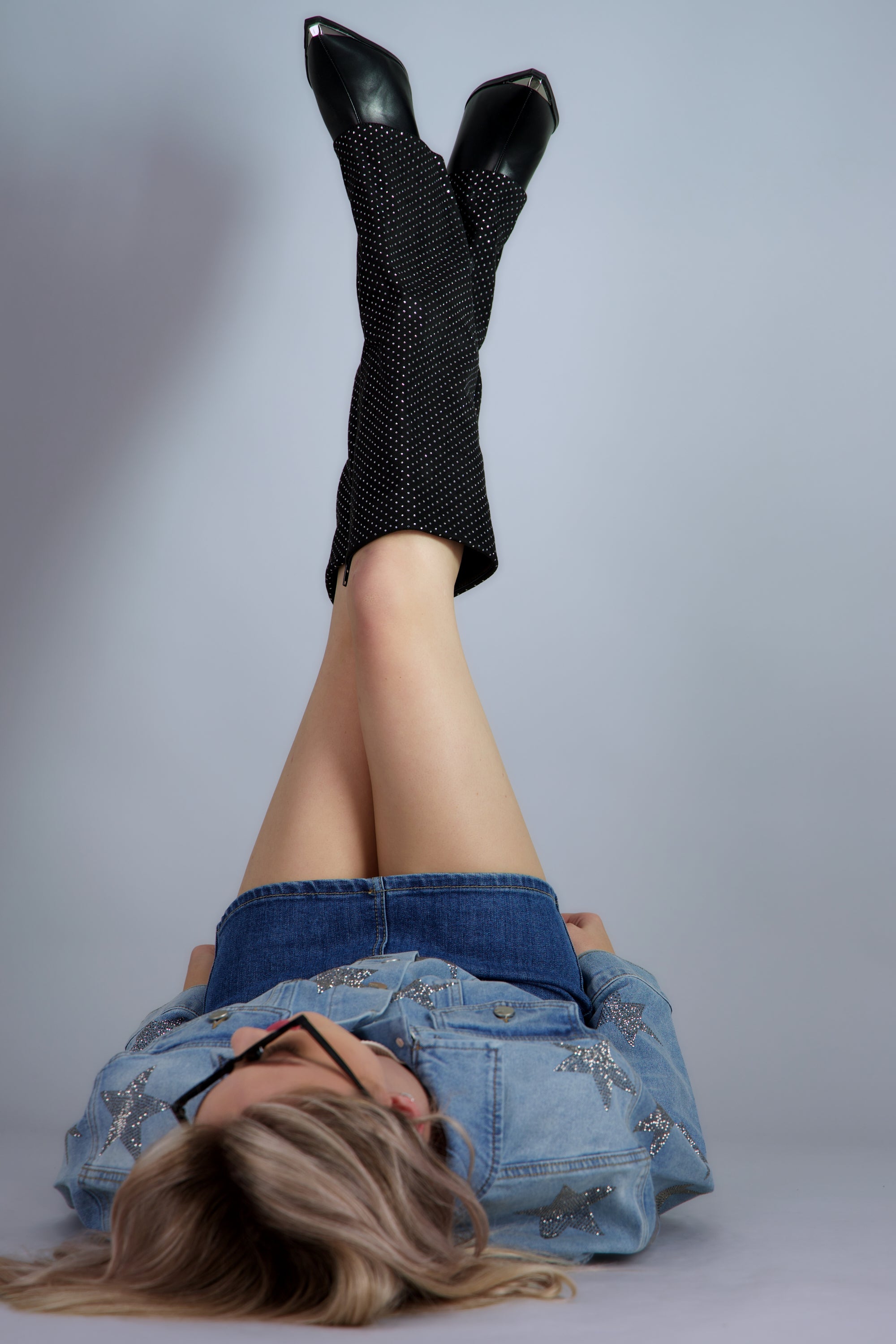 Bota funda brillos punta metal NEGRO