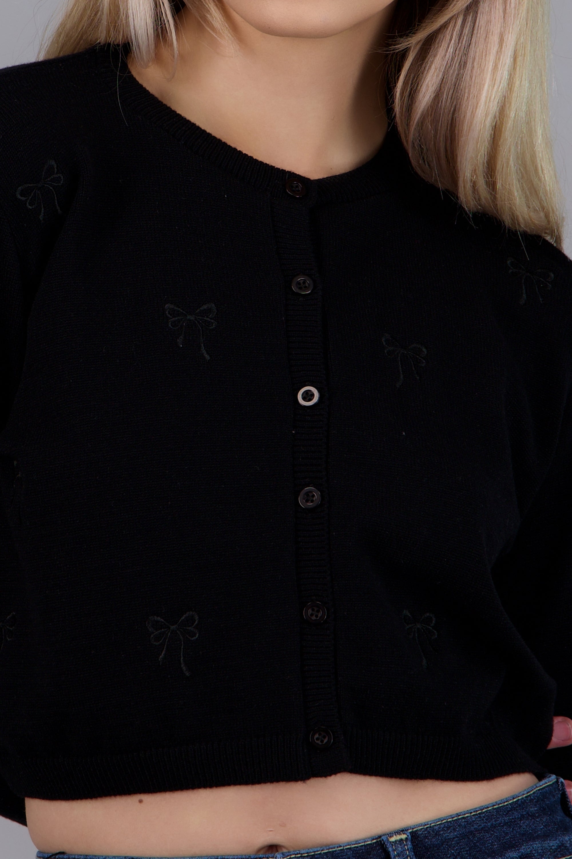 Cardigan detalle de bordado moños NEGRO