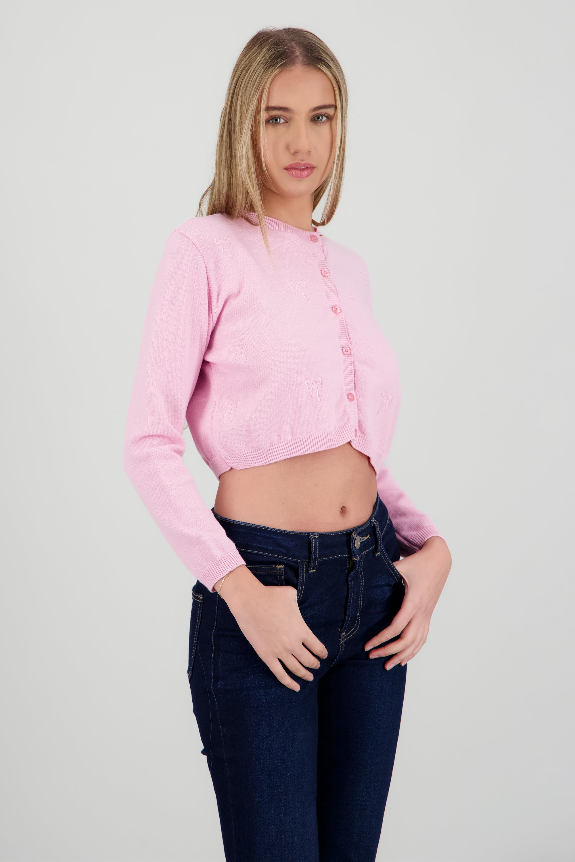 Cardigan detalle de bordado moños ROSA PASTEL