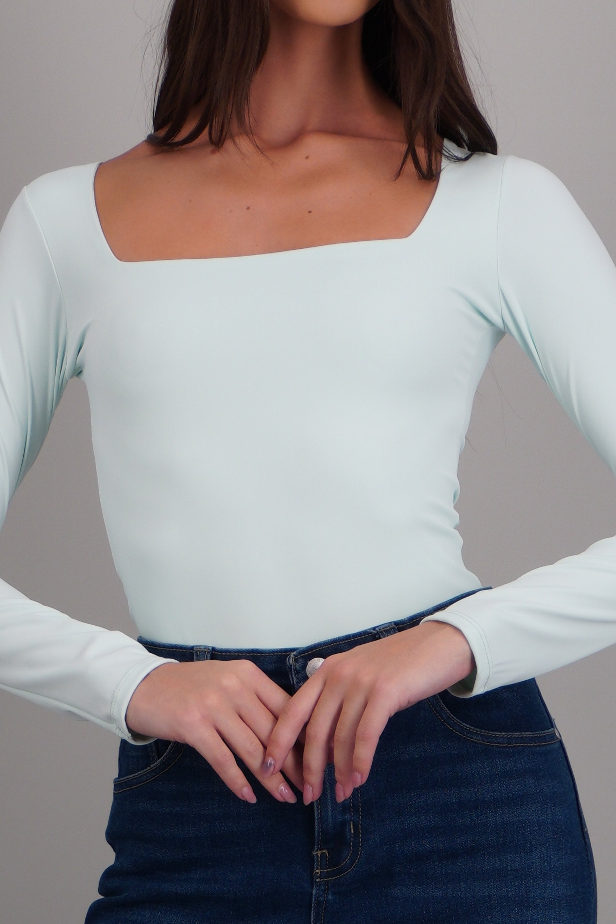 Body escote cuadrado manga larga TURQUESA