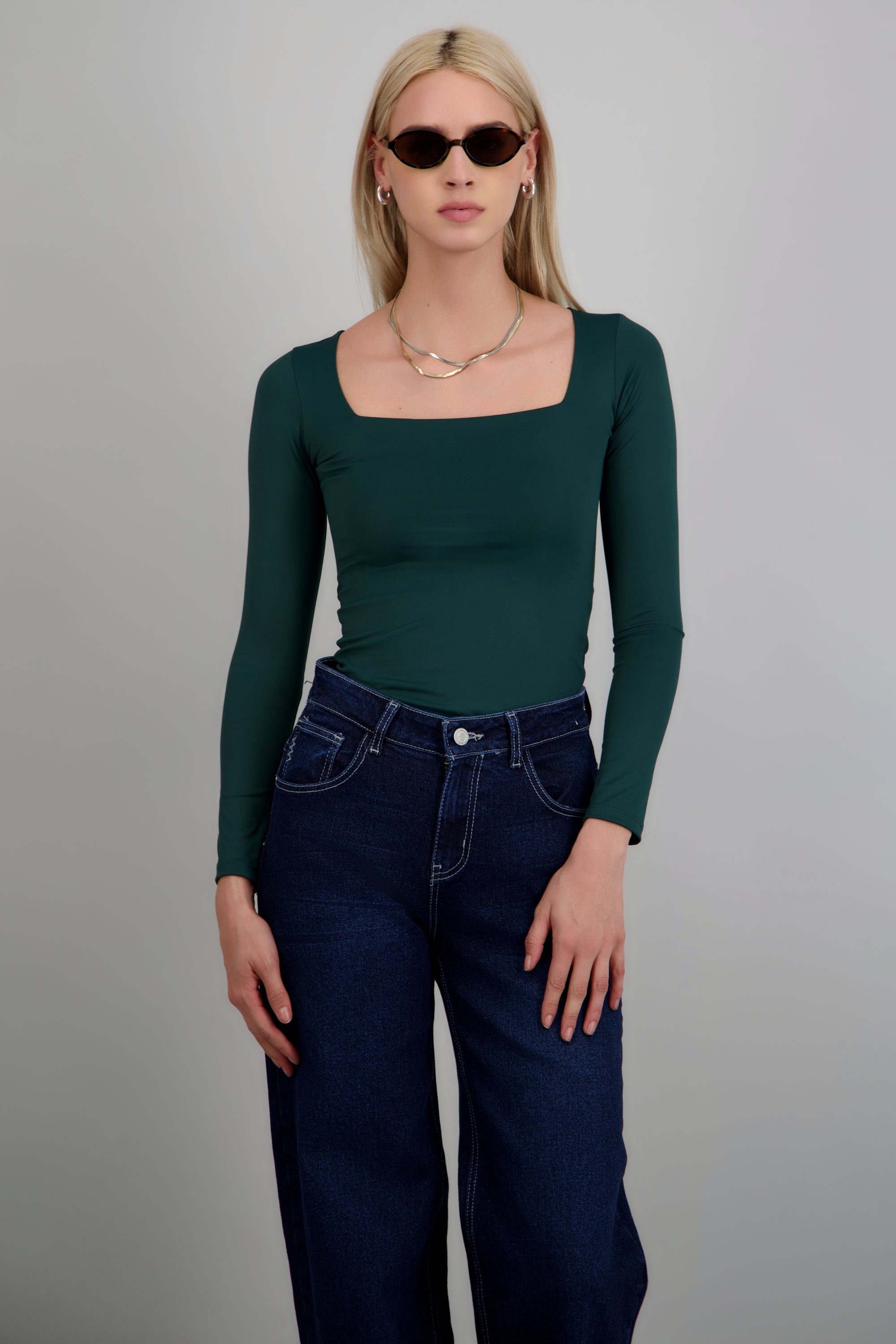 Body escote cuadrado manga larga VERDE CAZADOR