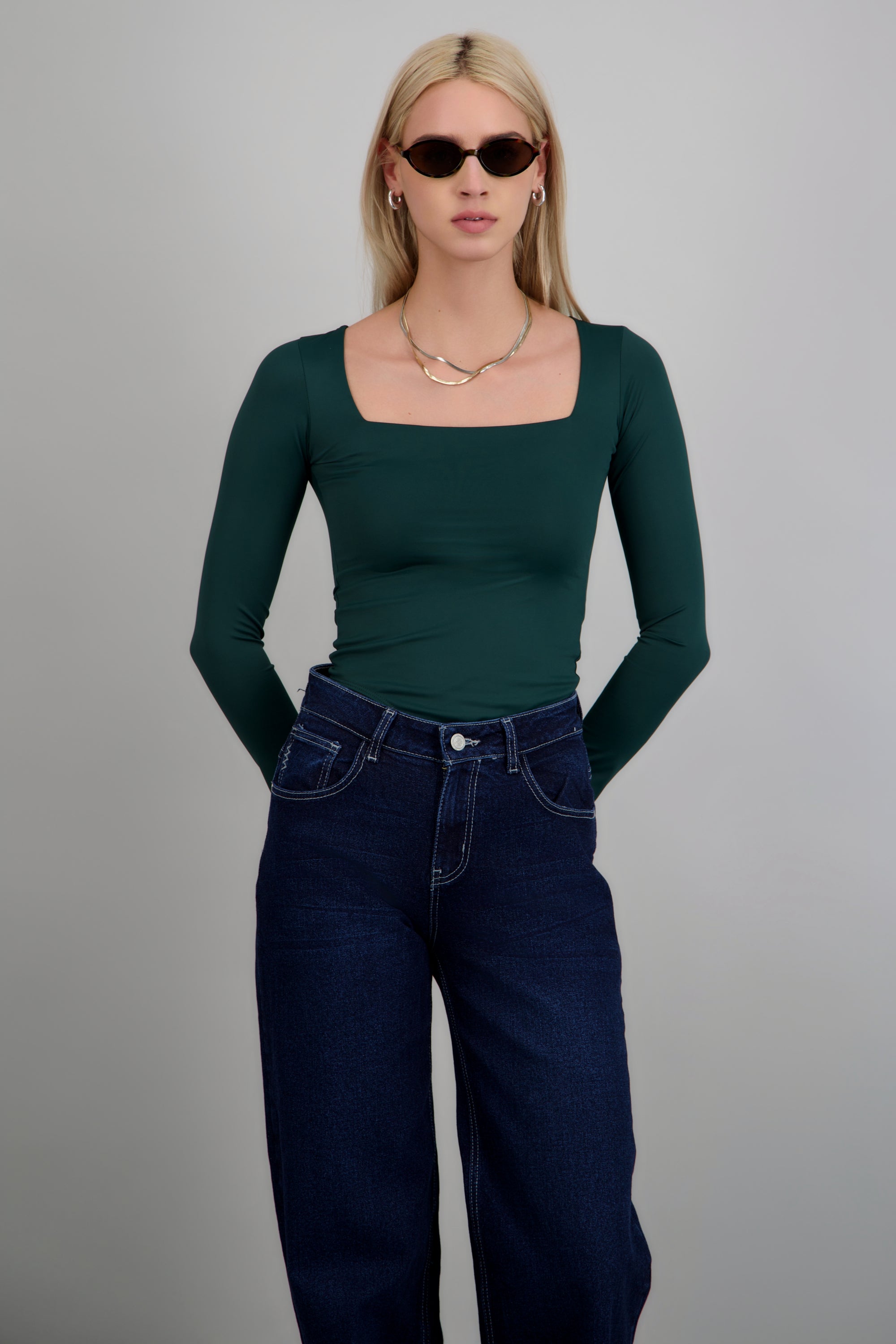 Body escote cuadrado manga larga VERDE CAZADOR