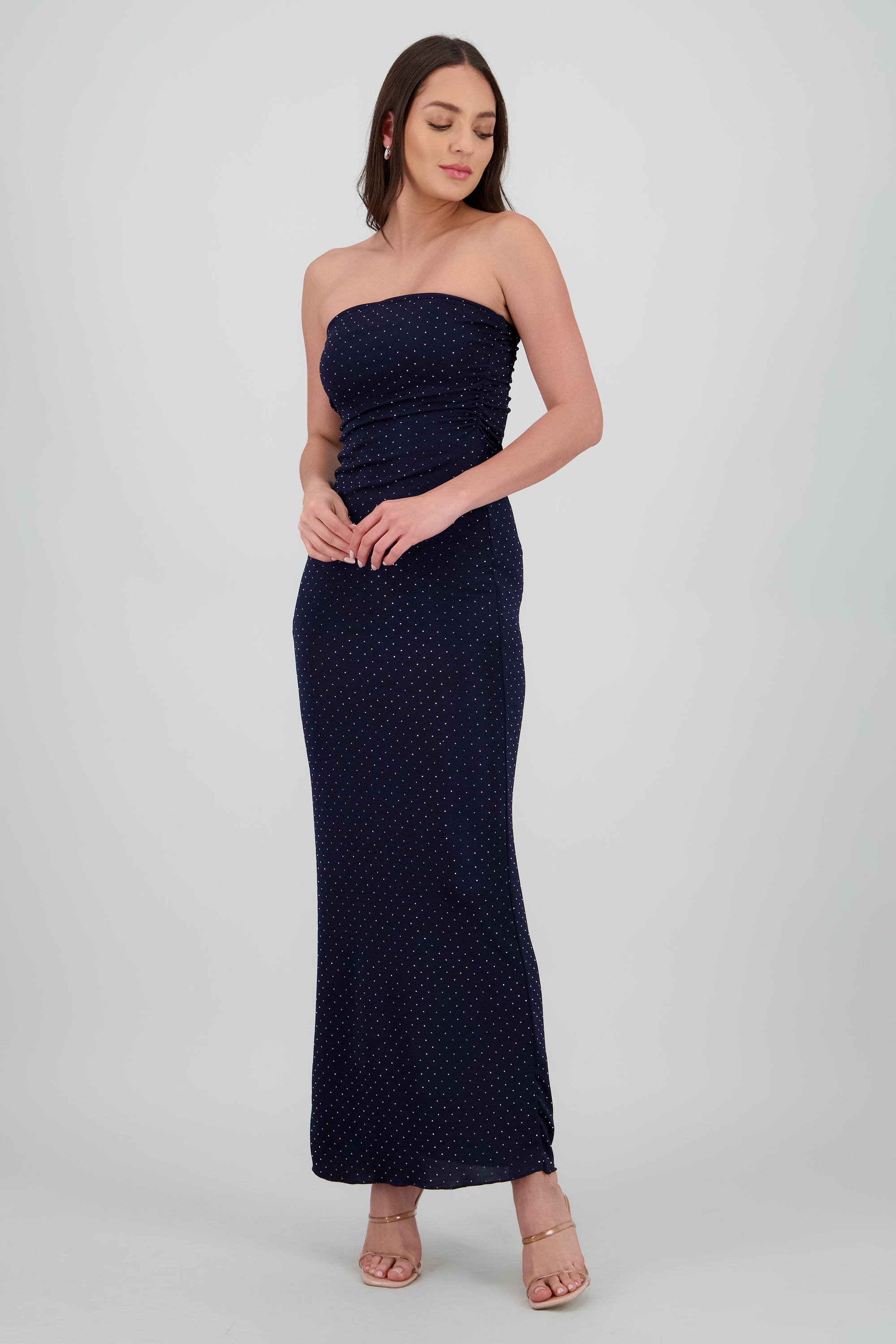 Vestido strapless detalle drapeado brillos MARINO