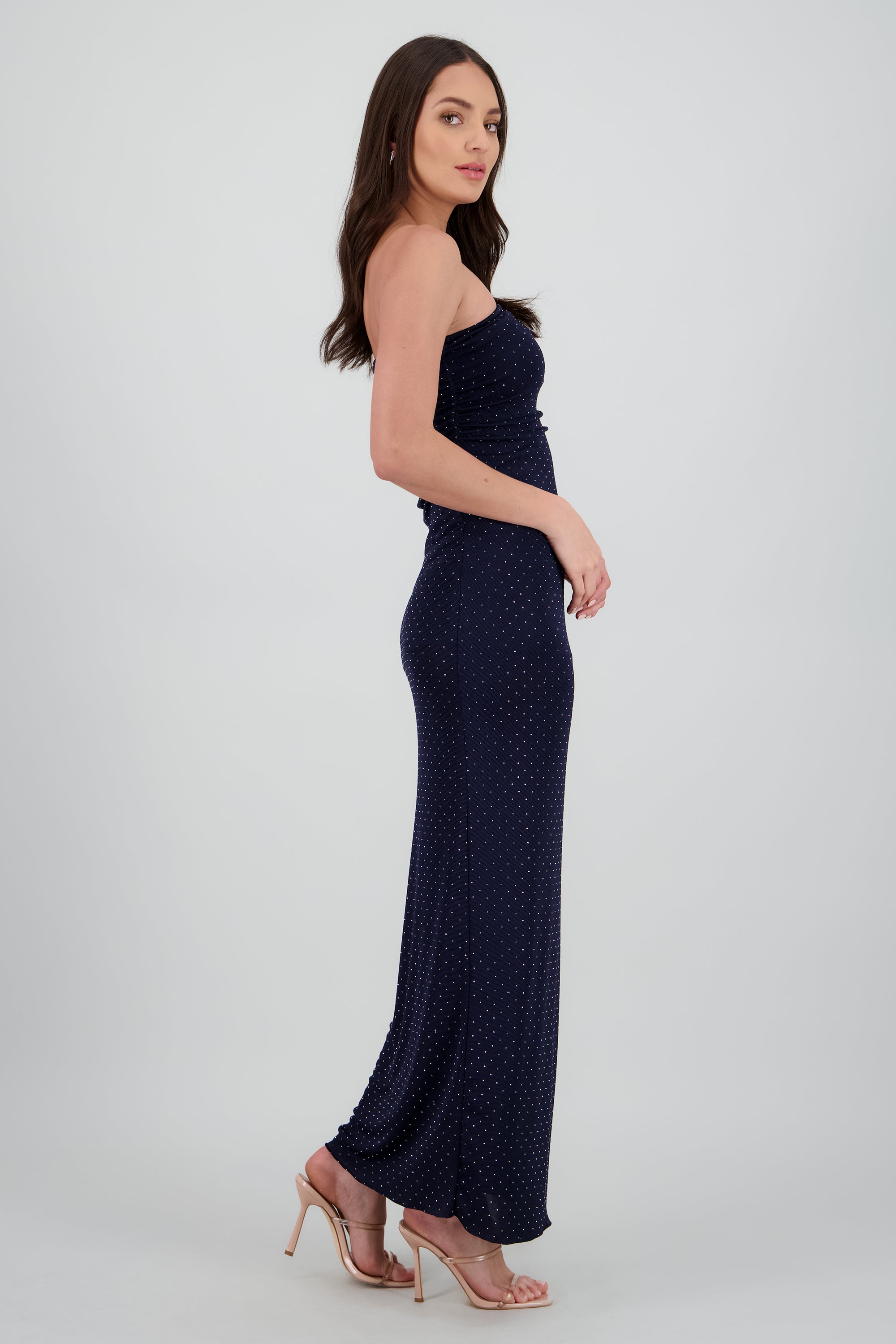 Vestido strapless detalle drapeado brillos MARINO