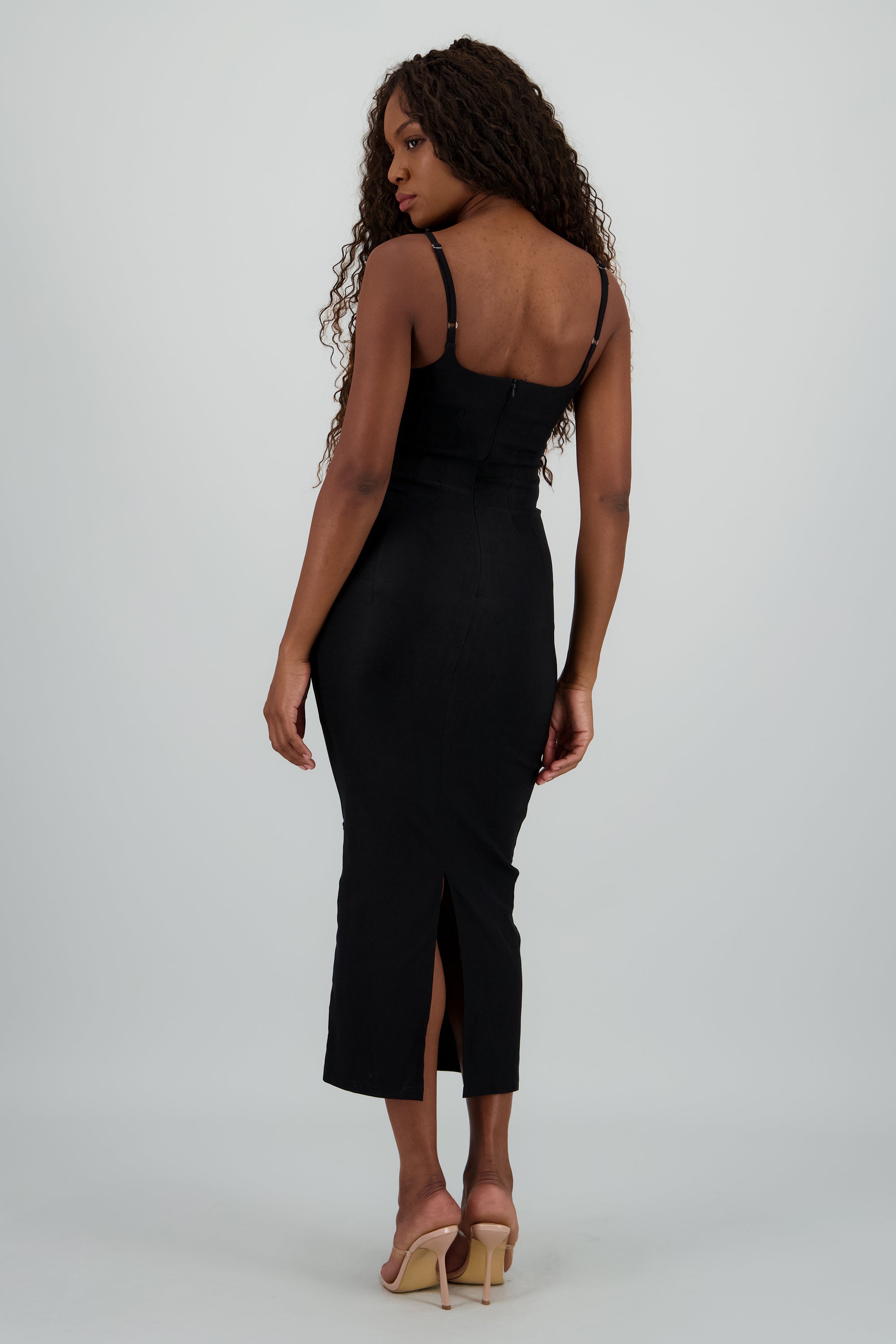 Vestido midi tirantes detalle cortes NEGRO