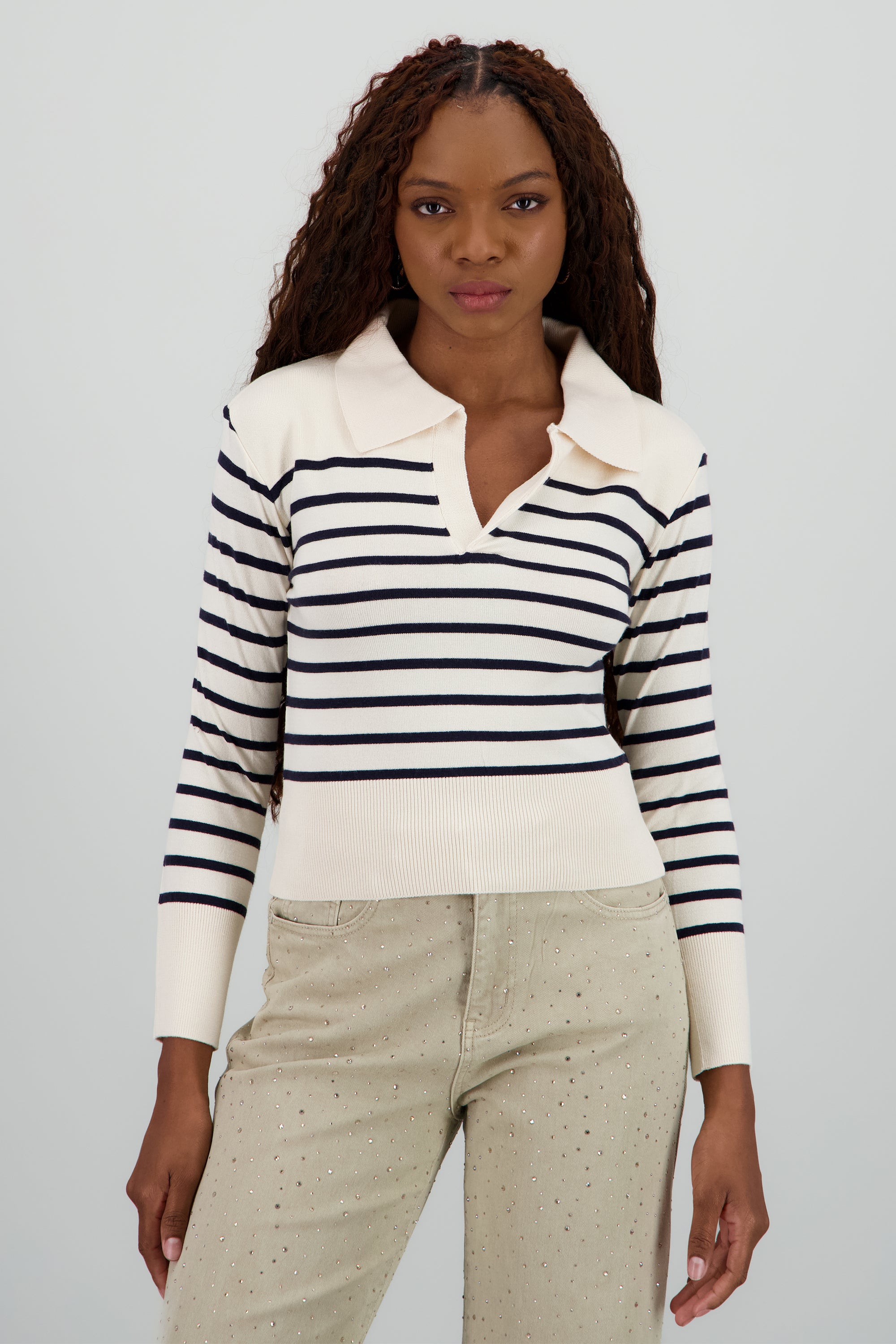 Sueter rayas cuello polo HUESO COMBO