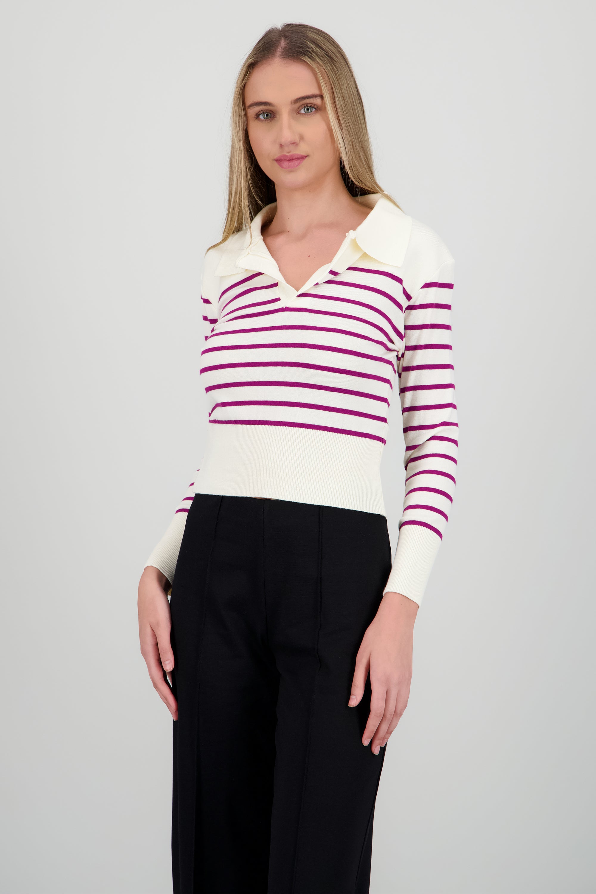Sueter rayas cuello polo VINO