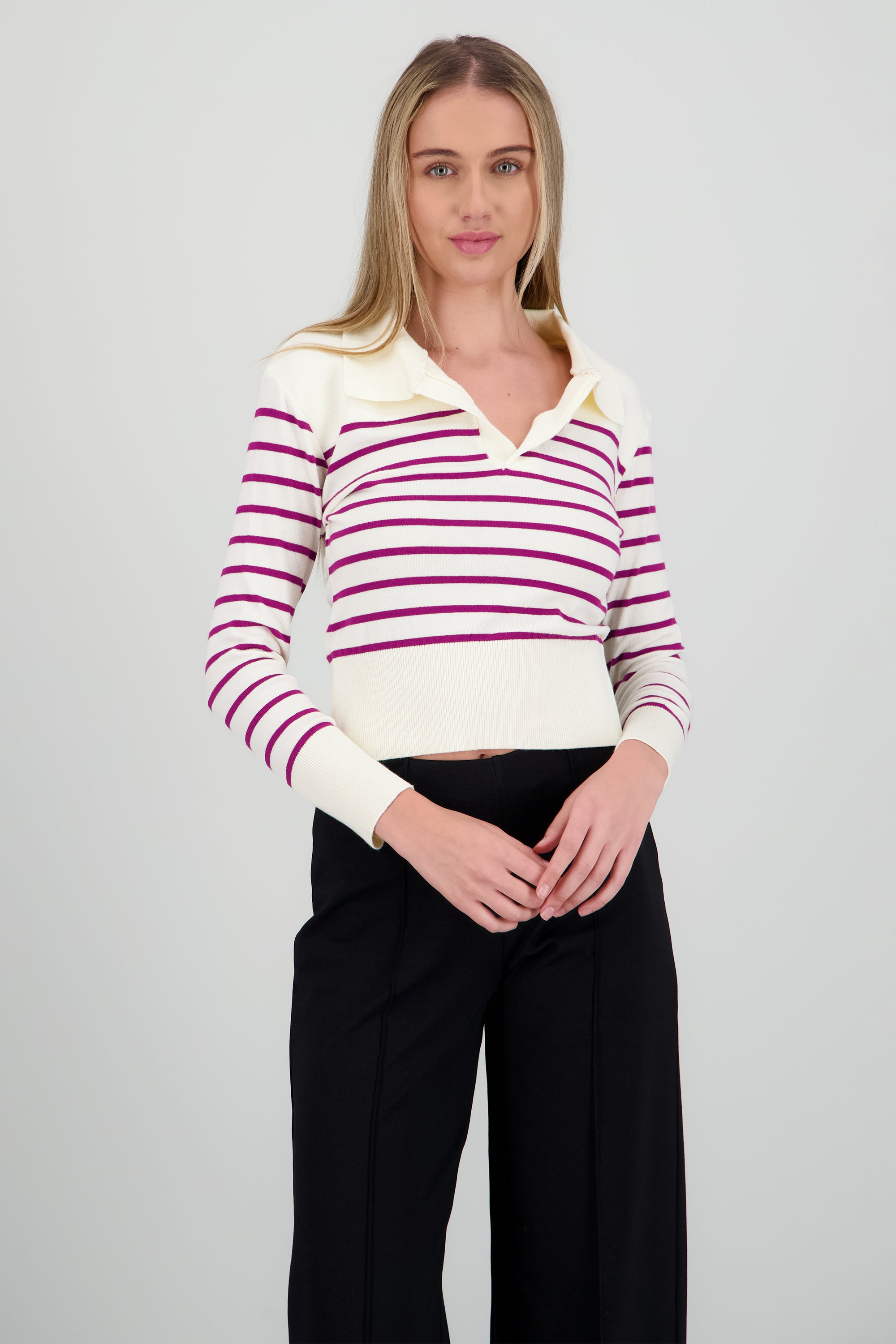 Sueter rayas cuello polo VINO