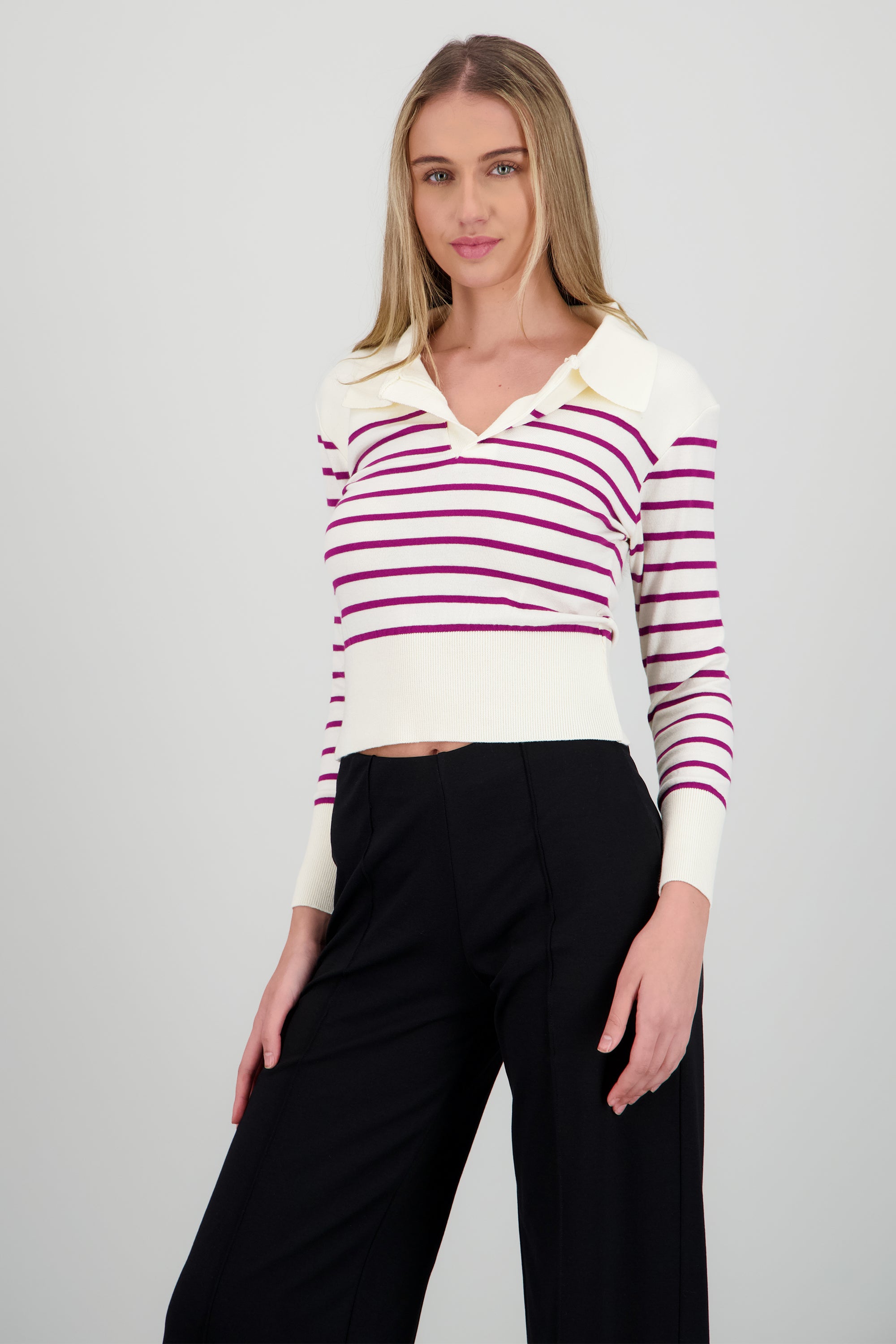 Sueter rayas cuello polo VINO