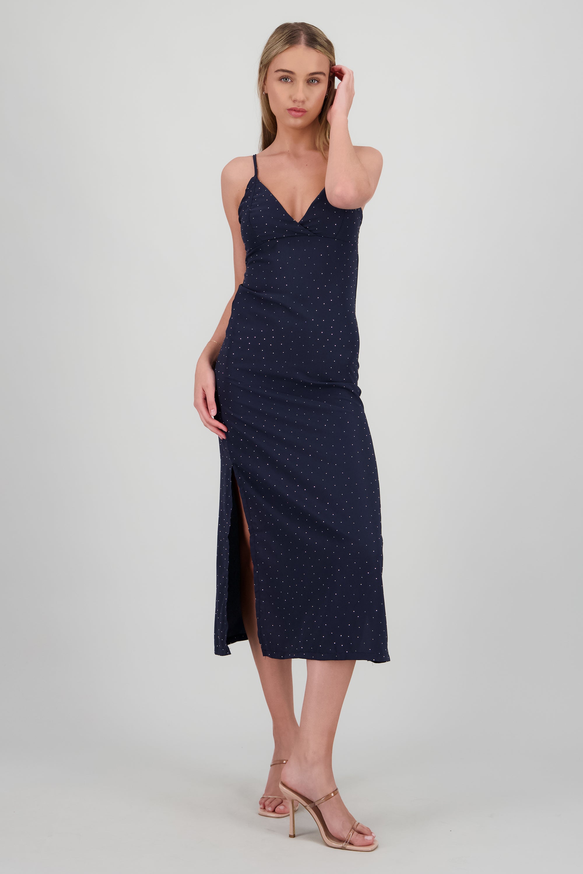 Vestido midi brillos escote cruzado MARINO