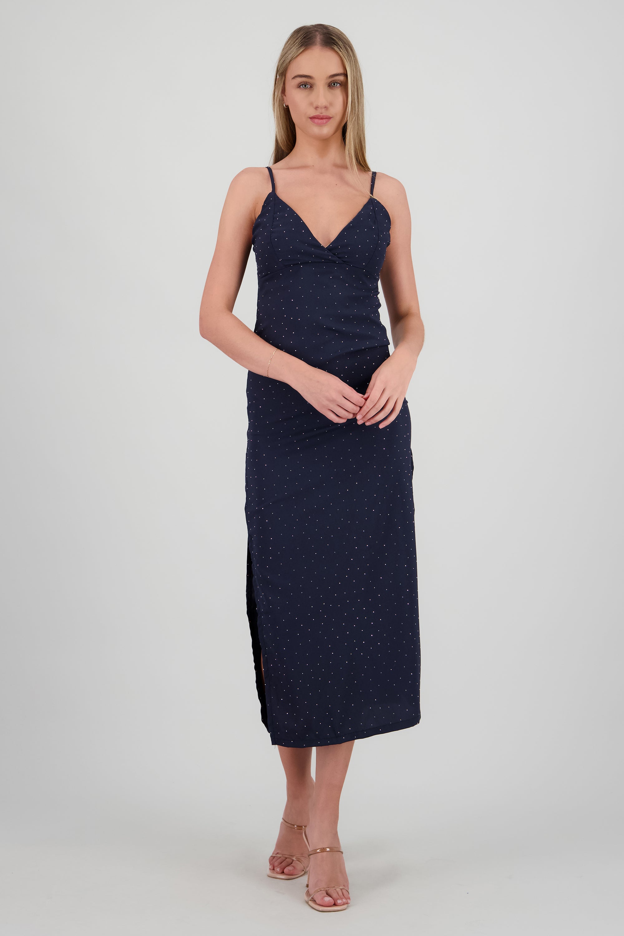 Vestido midi brillos escote cruzado MARINO