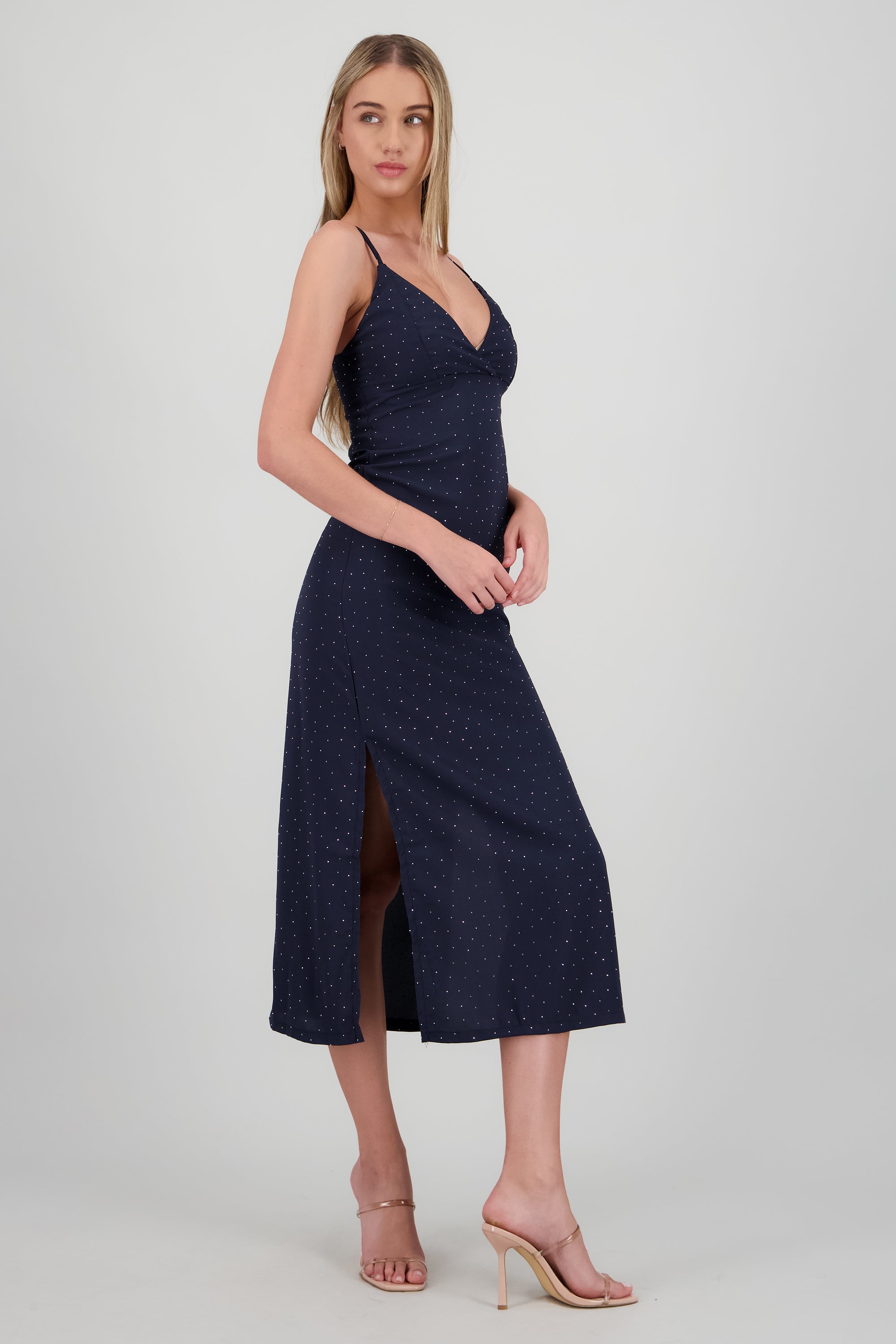 Vestido midi brillos escote cruzado MARINO