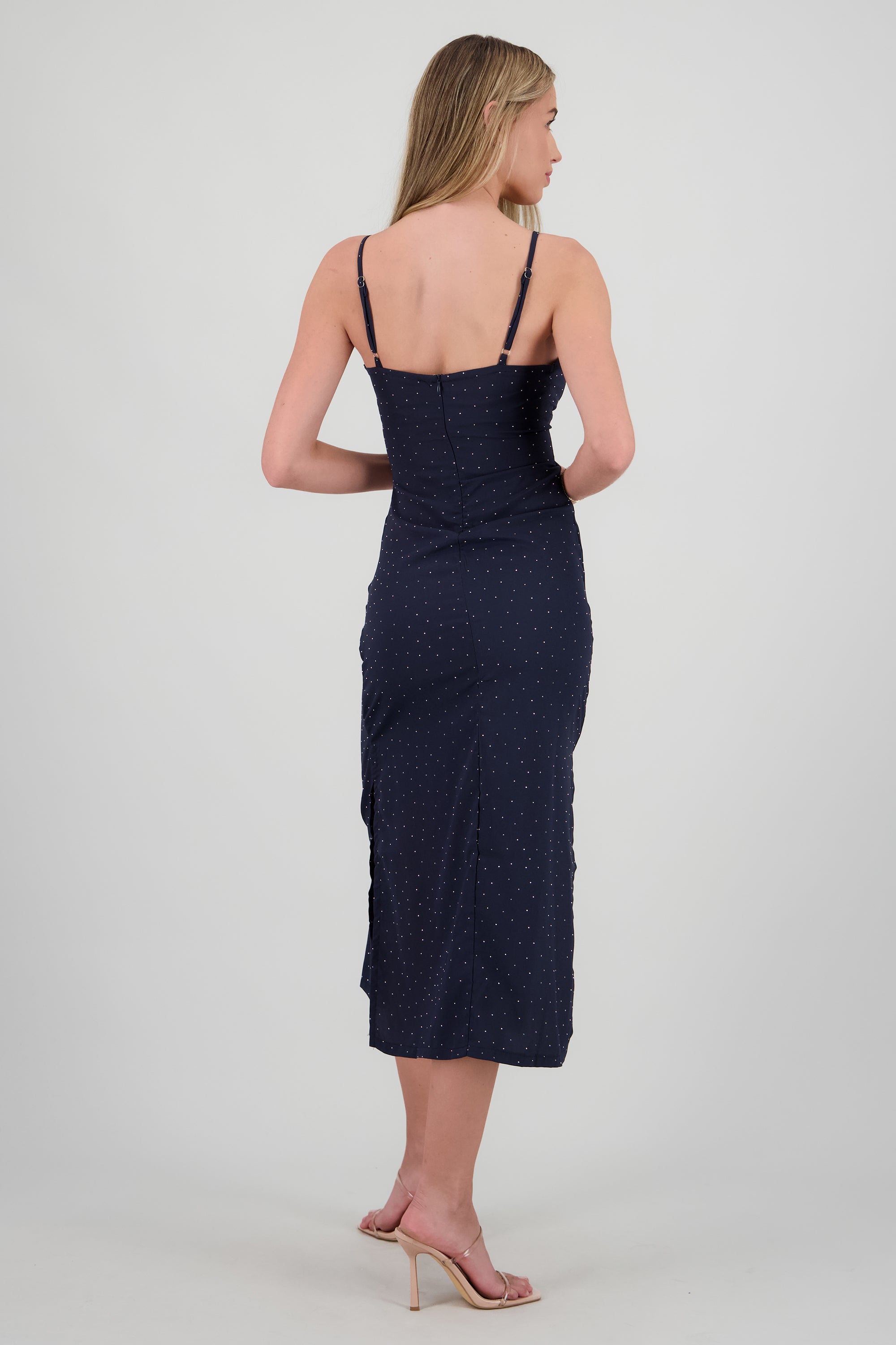 Vestido midi brillos escote cruzado MARINO