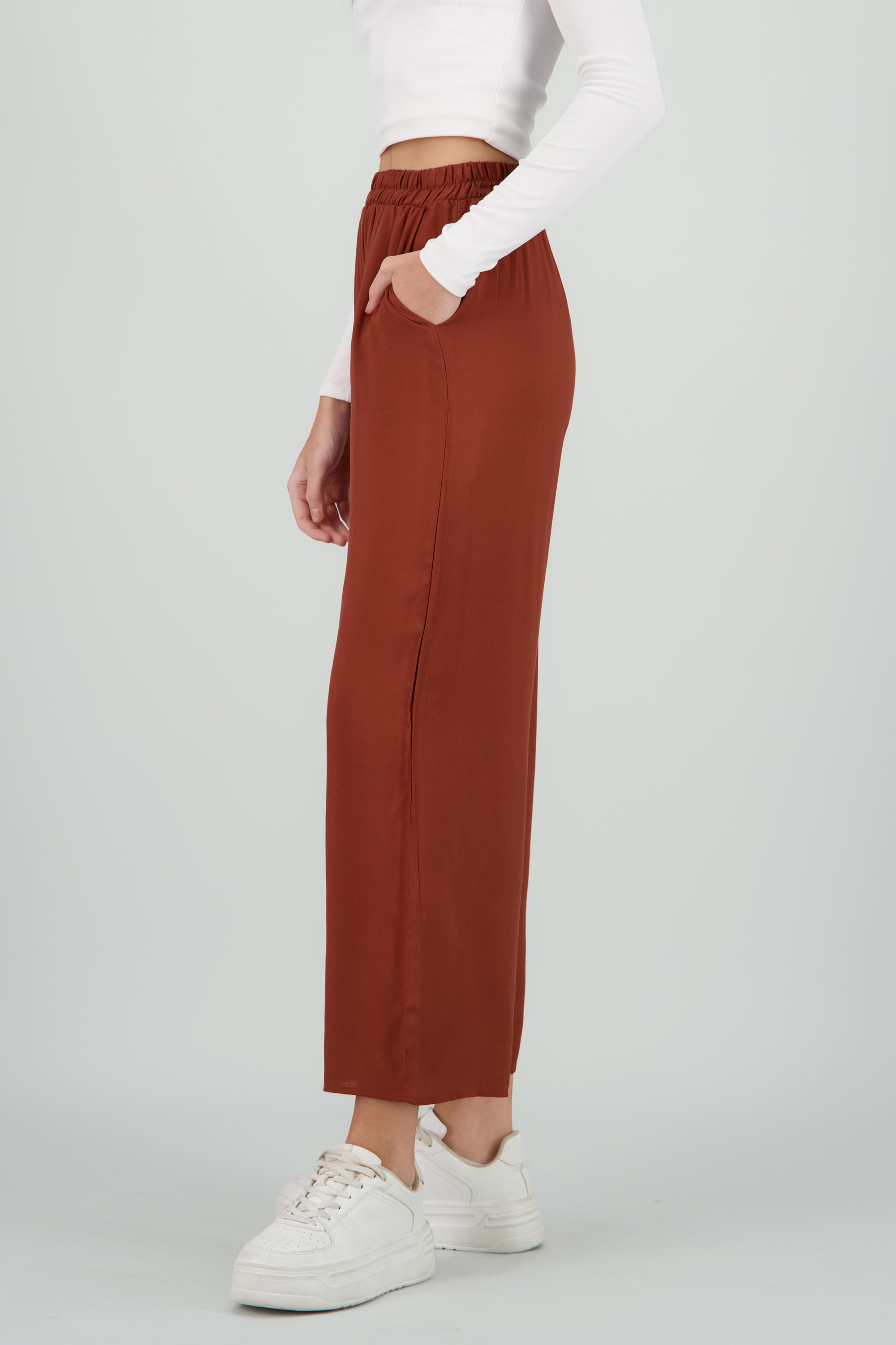 Pantalón Wide Leg Cintura Alta Fruncida CAFE