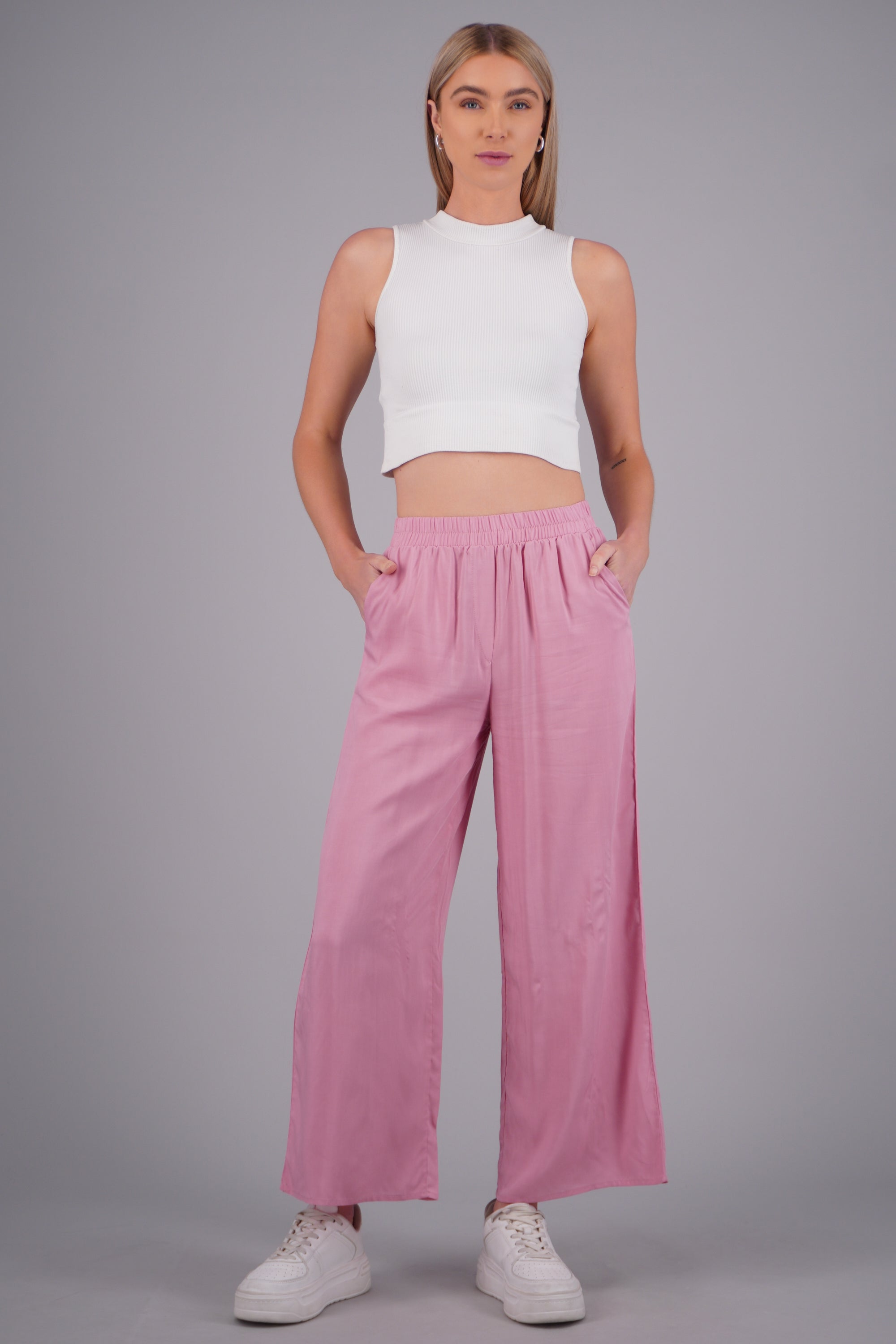 Pantalón Wide Leg Cintura Alta Fruncida ROSA PASTEL