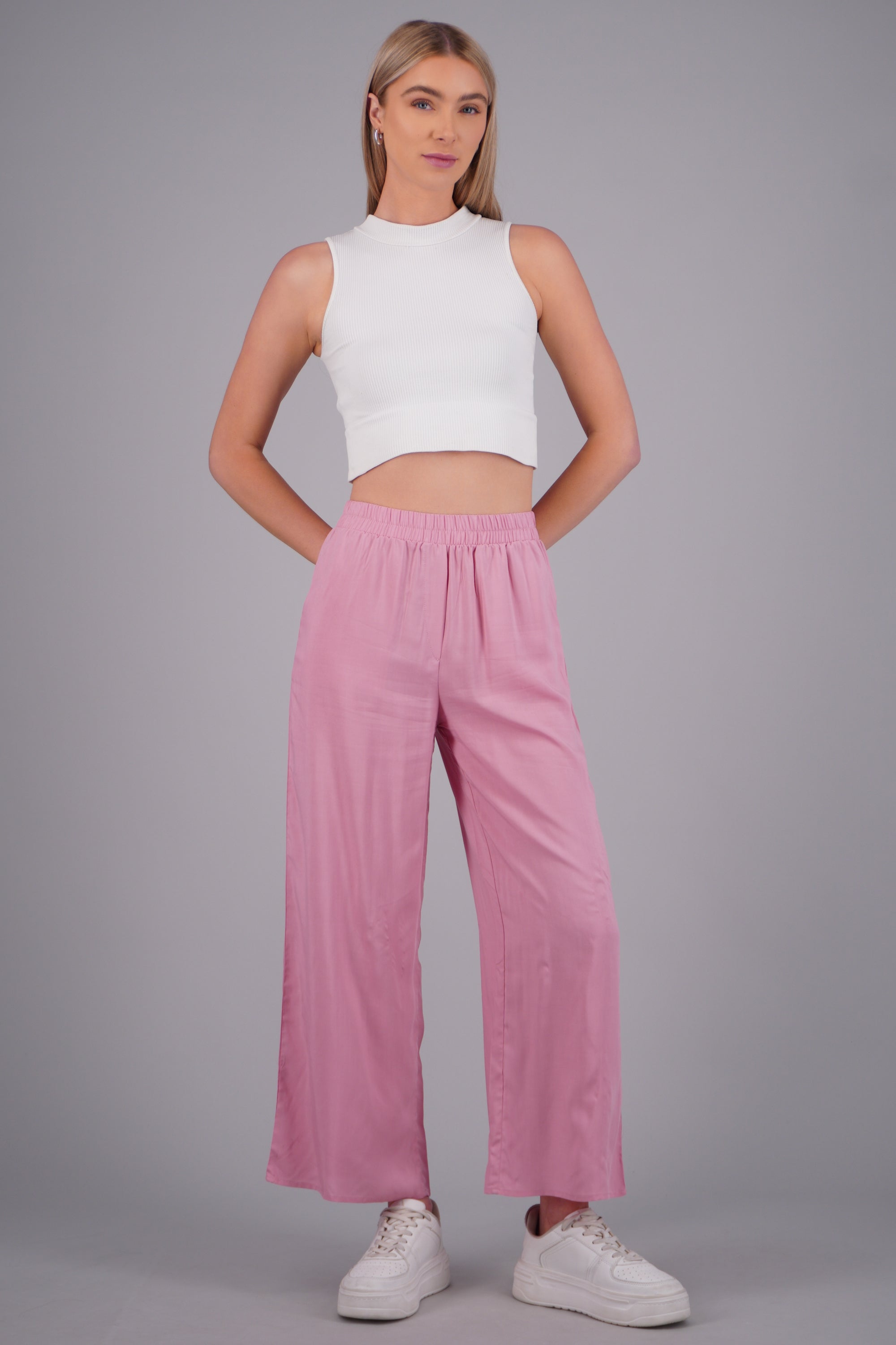 Pantalón Wide Leg Cintura Alta Fruncida ROSA PASTEL