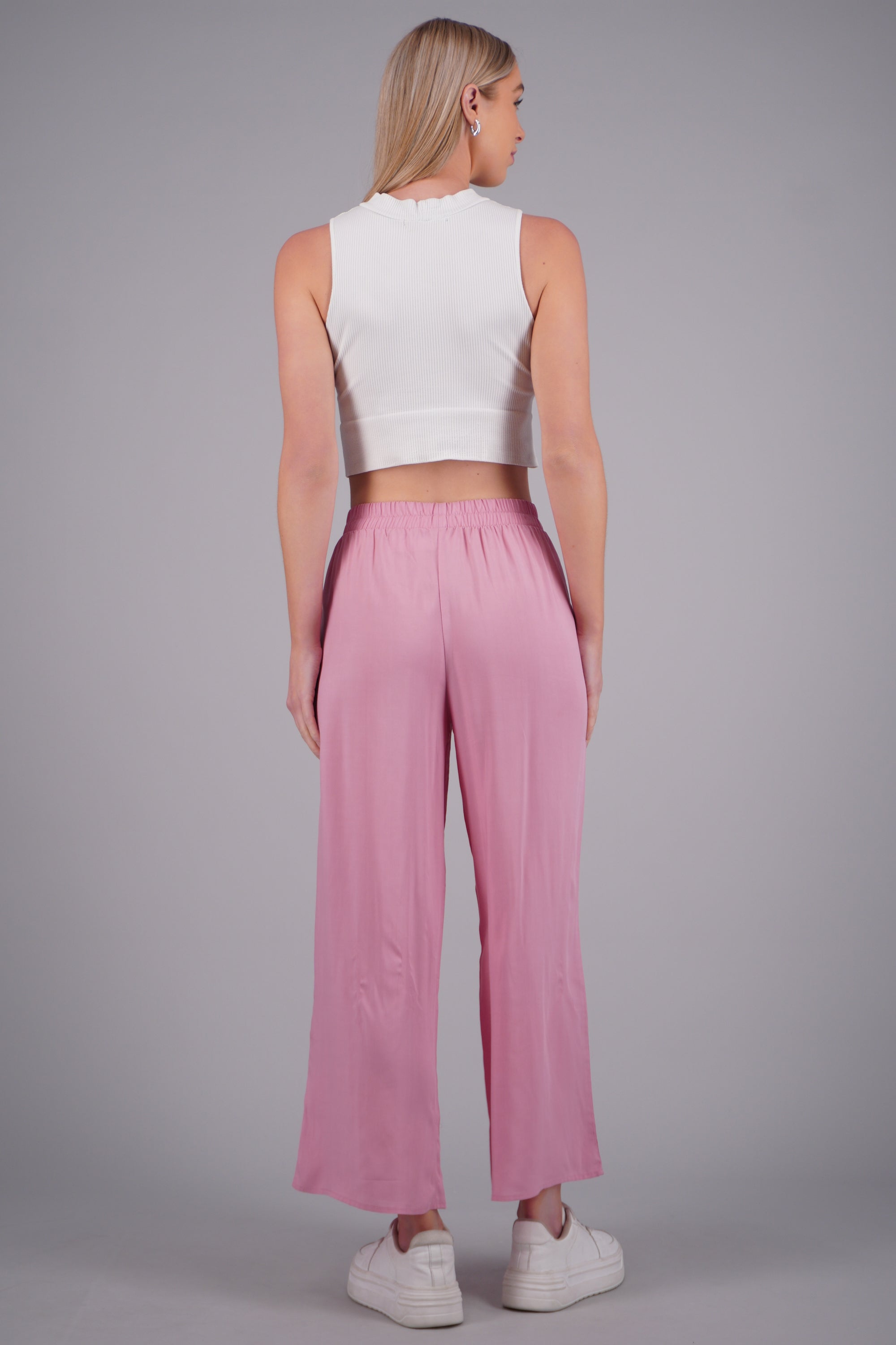 Pantalón Wide Leg Cintura Alta Fruncida ROSA PASTEL