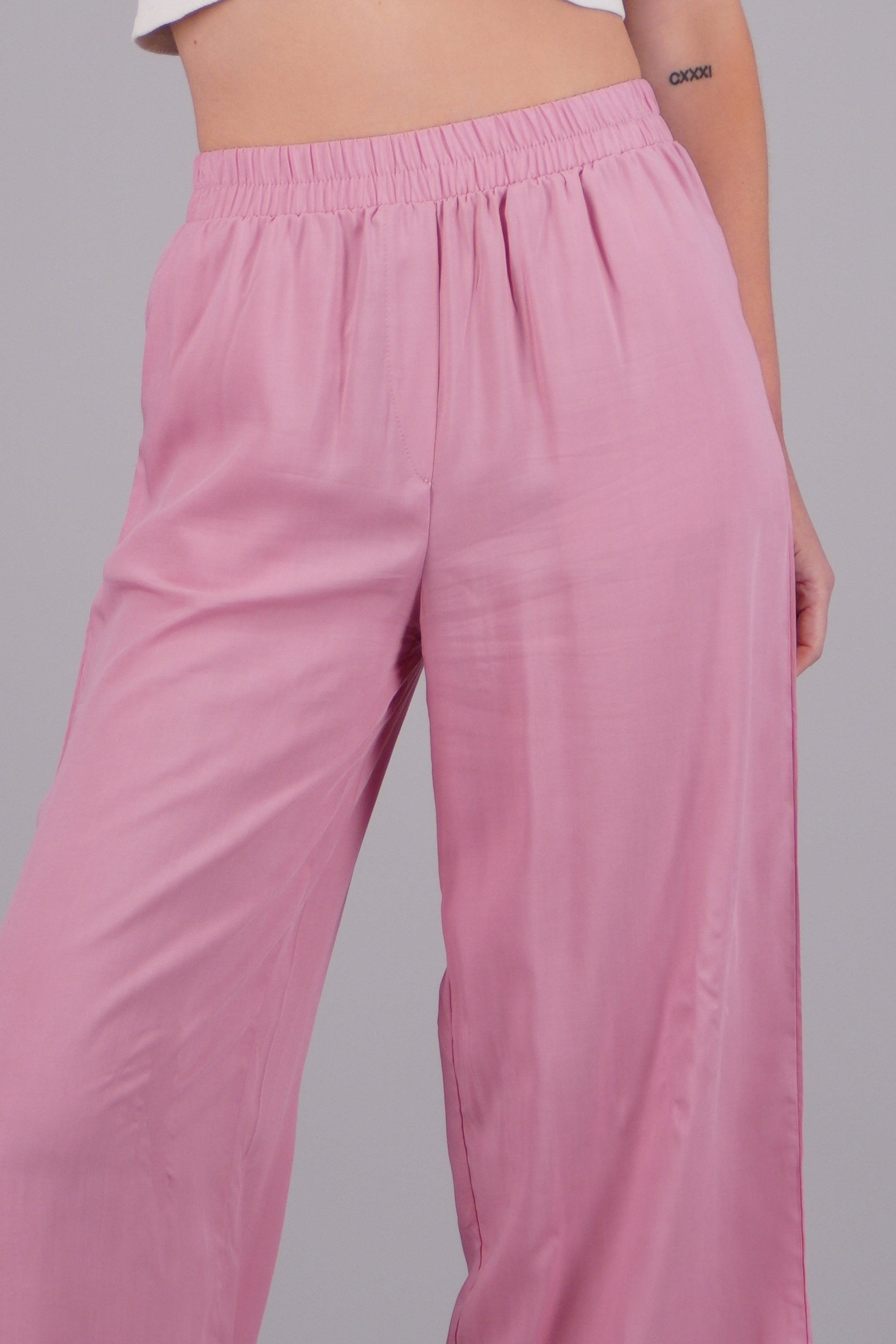 Pantalón Wide Leg Cintura Alta Fruncida ROSA PASTEL
