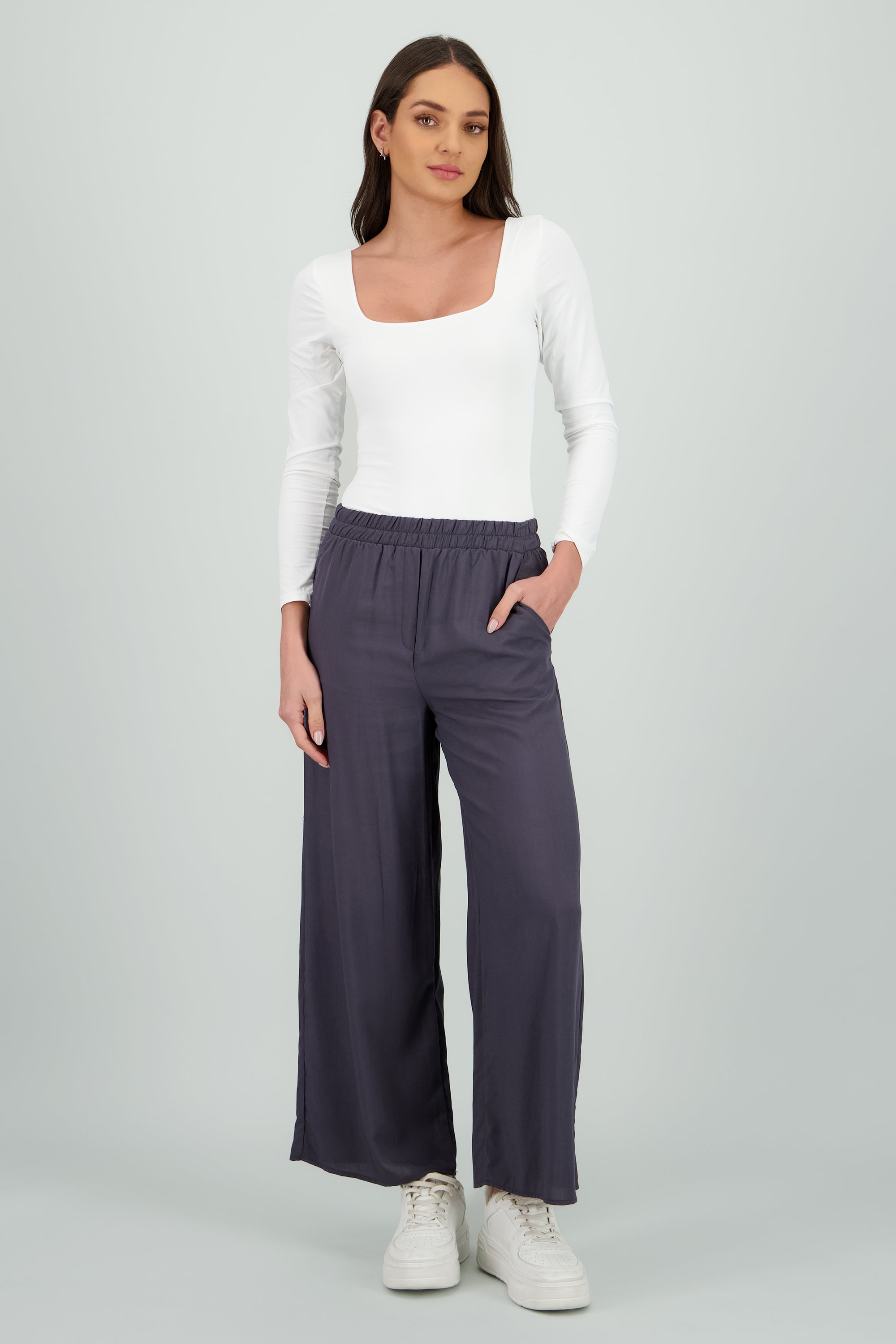 Pantalón Wide Leg Cintura Alta Fruncida GRIS OBSCURO