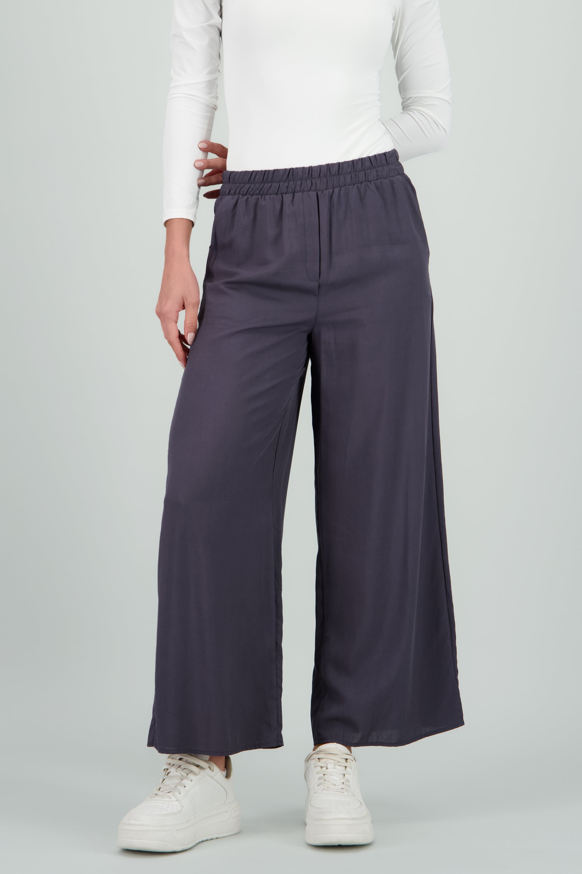 Pantalón Wide Leg Cintura Alta Fruncida GRIS OBSCURO