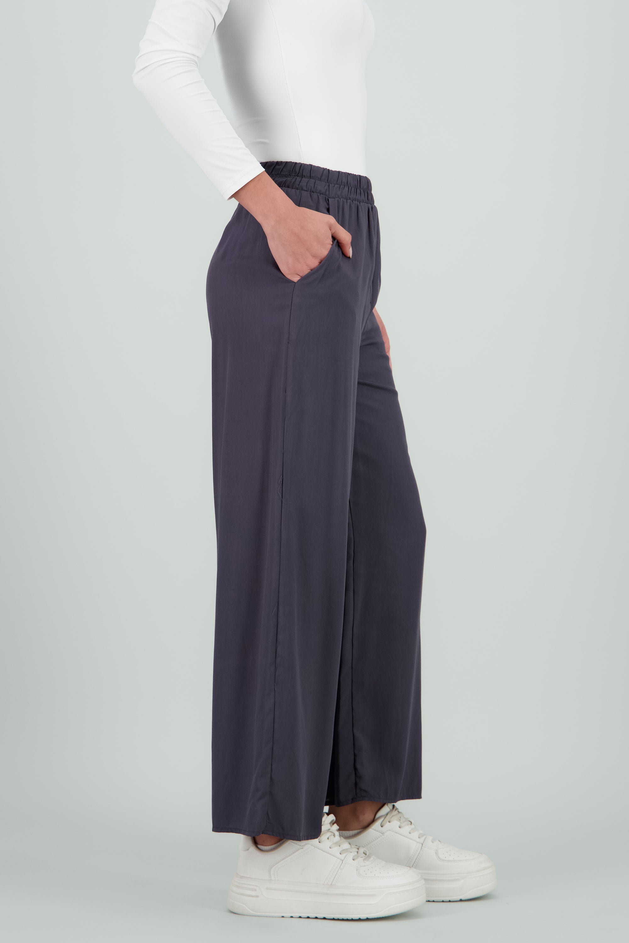 Pantalón Wide Leg Cintura Alta Fruncida GRIS OBSCURO
