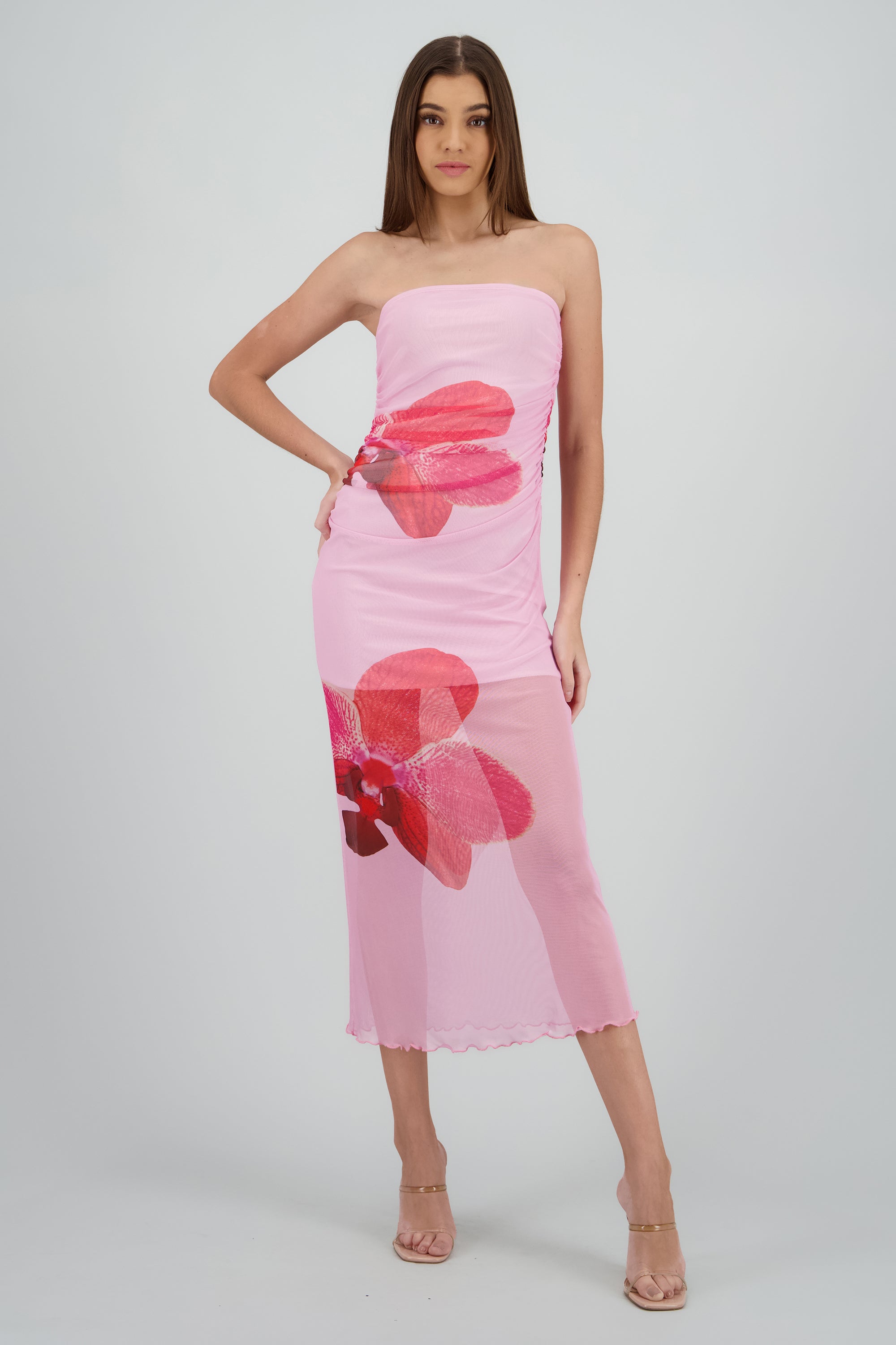Vestido midi drapeado con estampado de flor ROSA COMBO