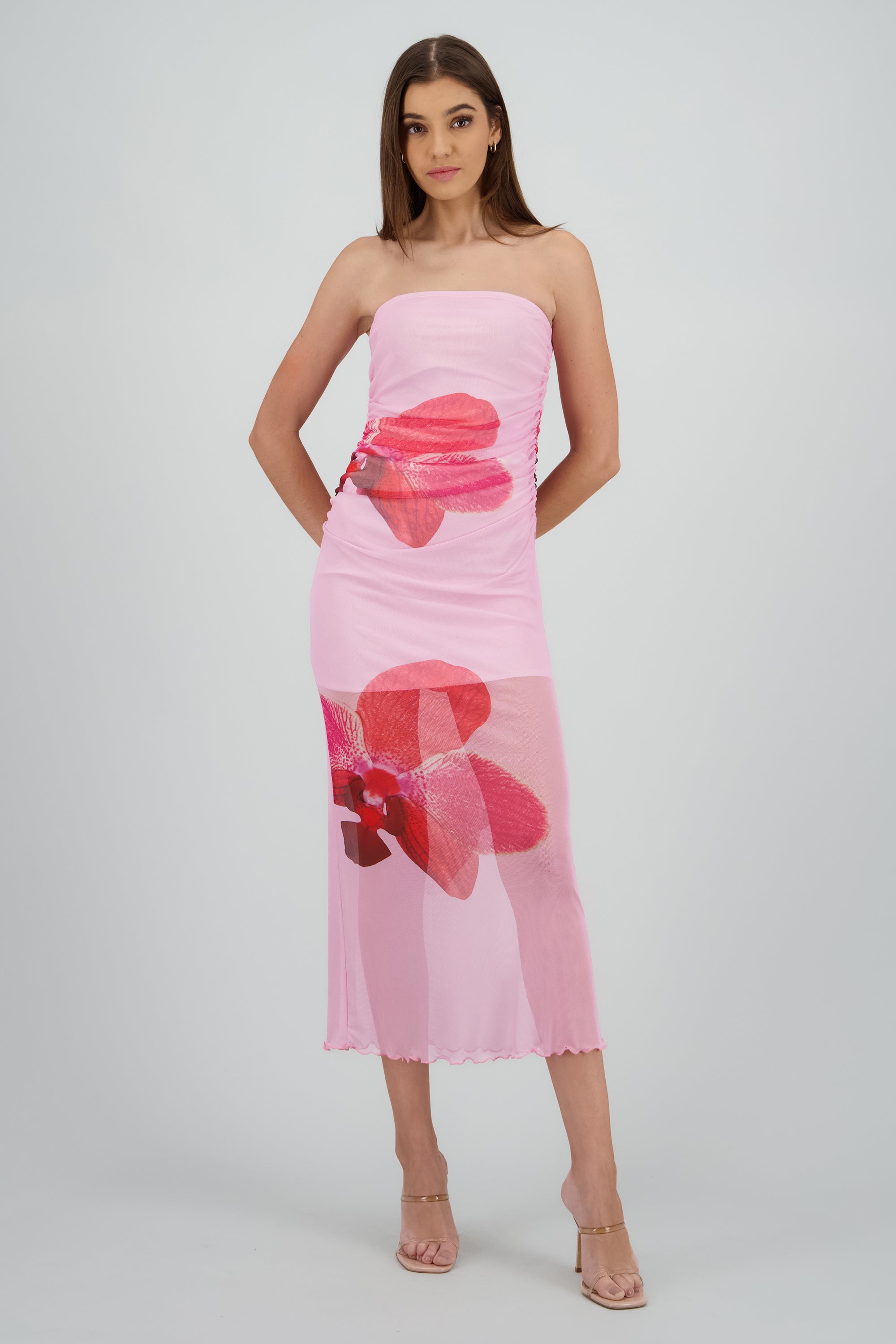 Vestido midi drapeado con estampado de flor ROSA COMBO