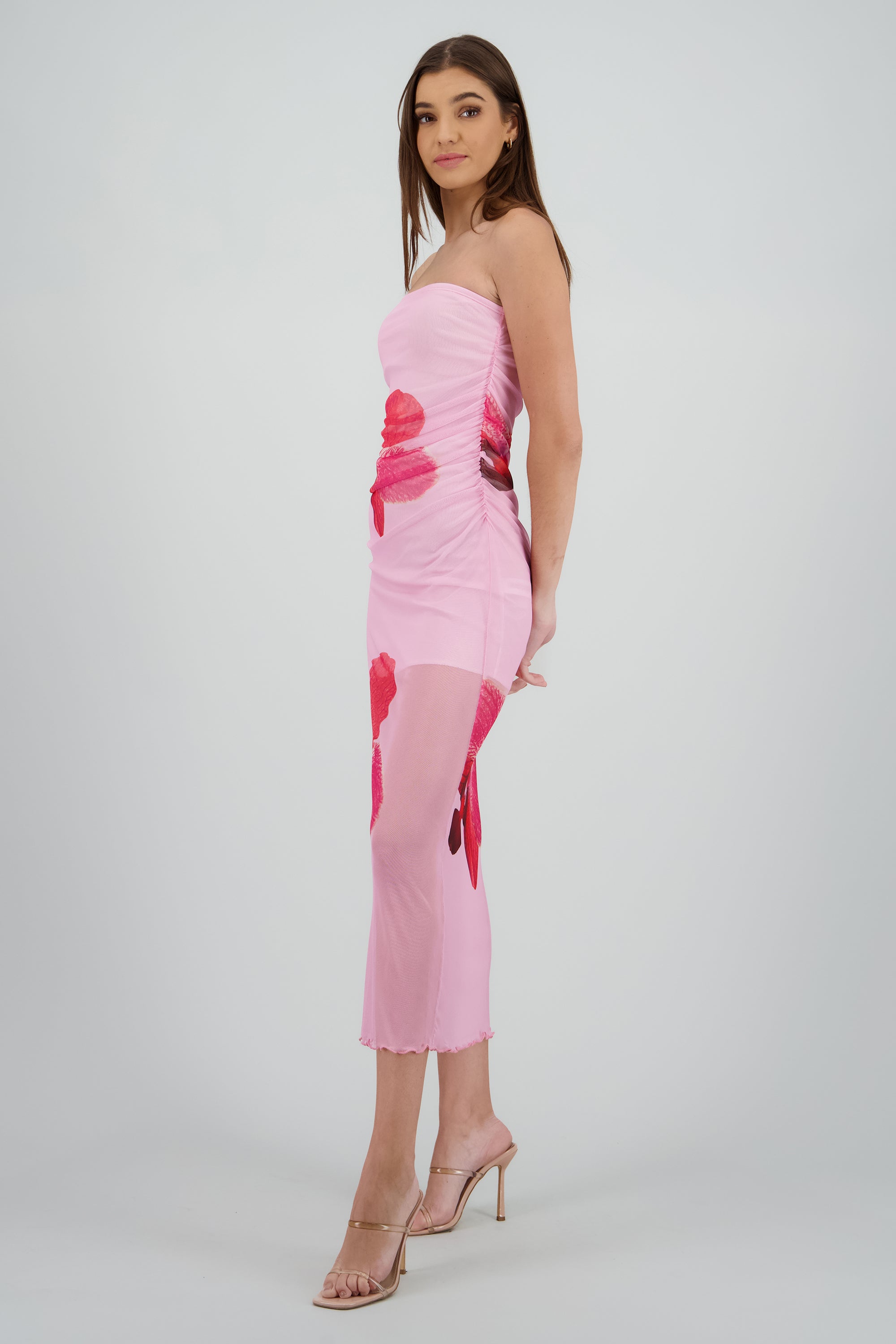 Vestido midi drapeado con estampado de flor ROSA COMBO