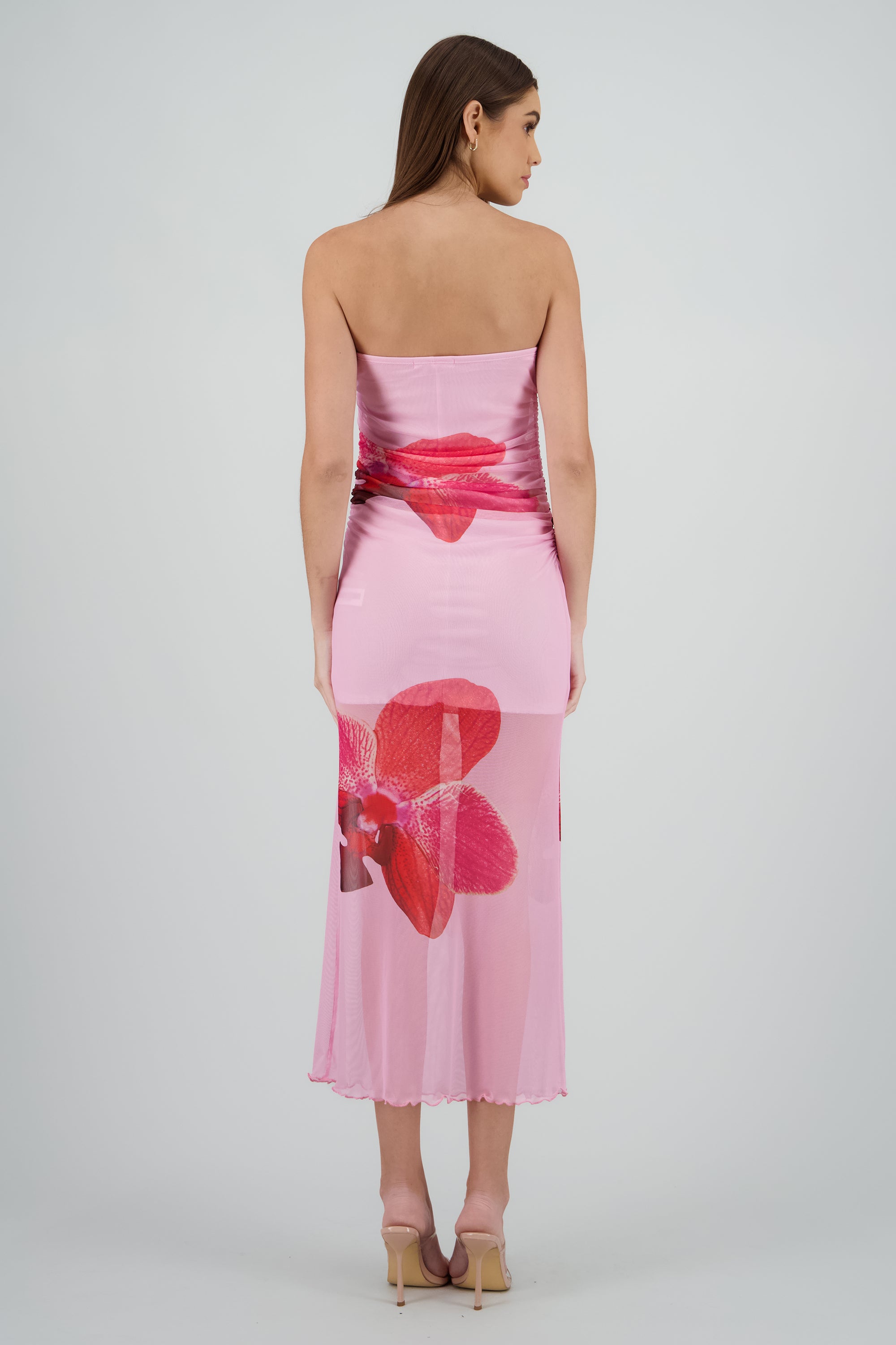 Vestido midi drapeado con estampado de flor ROSA COMBO