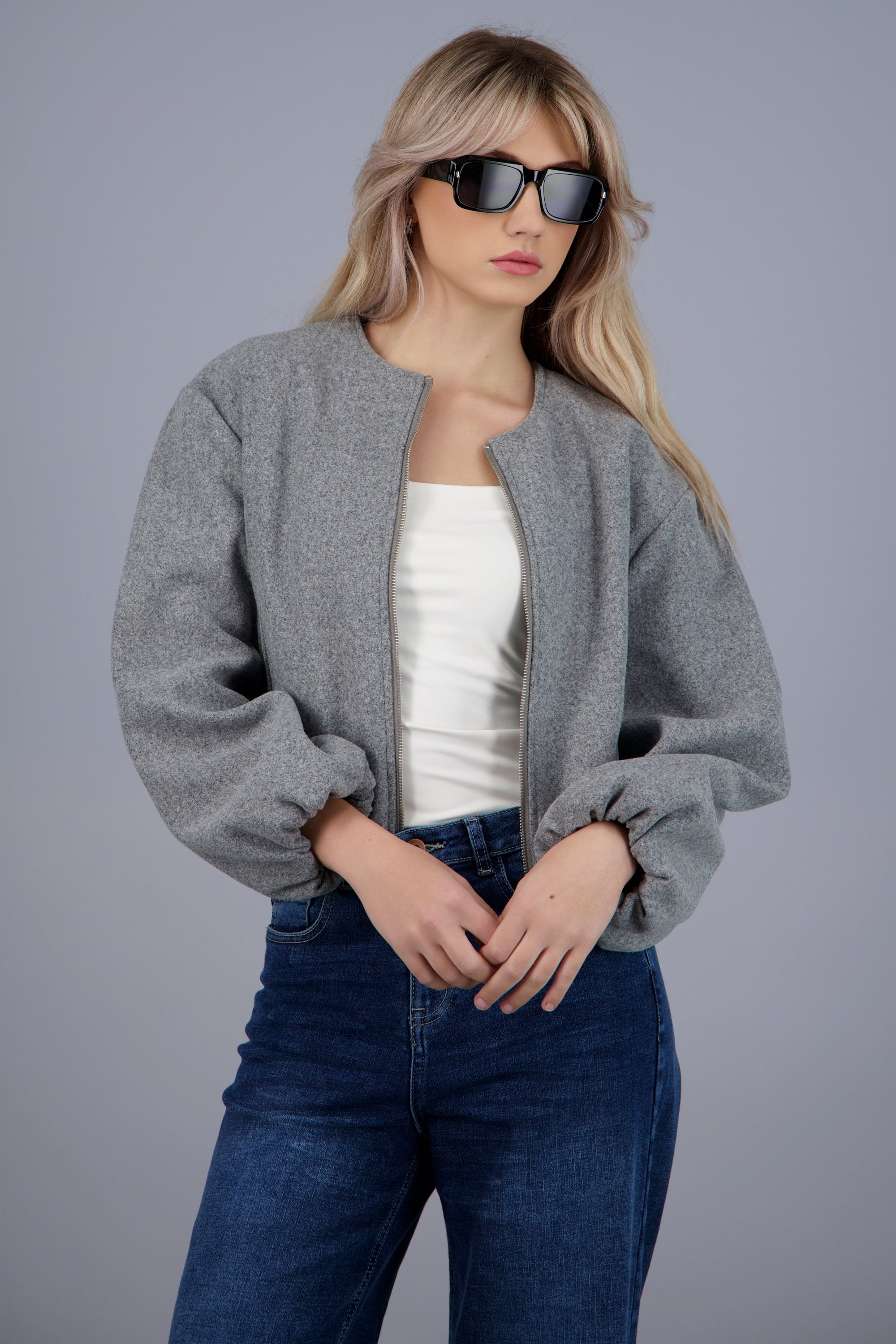 Chamarra bomber fruncida GRIS JASPE