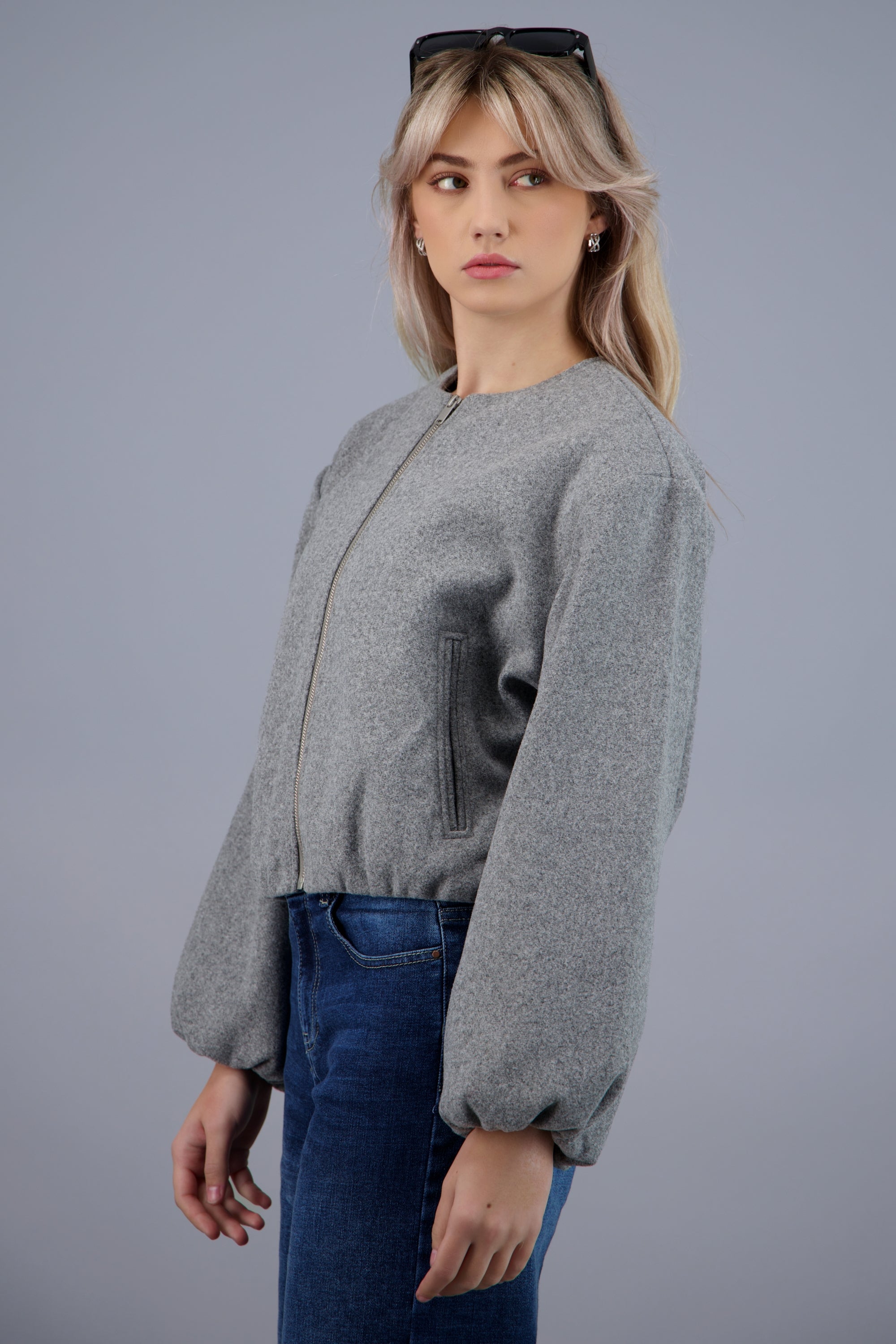 Chamarra bomber fruncida GRIS JASPE