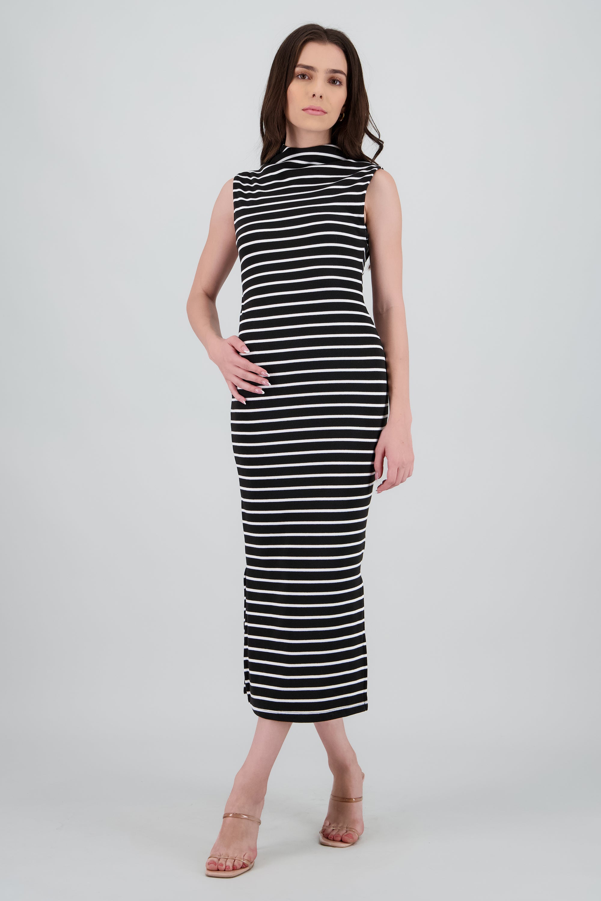 Vestido maxi rib cuello alto rayas NEGRO COMBO