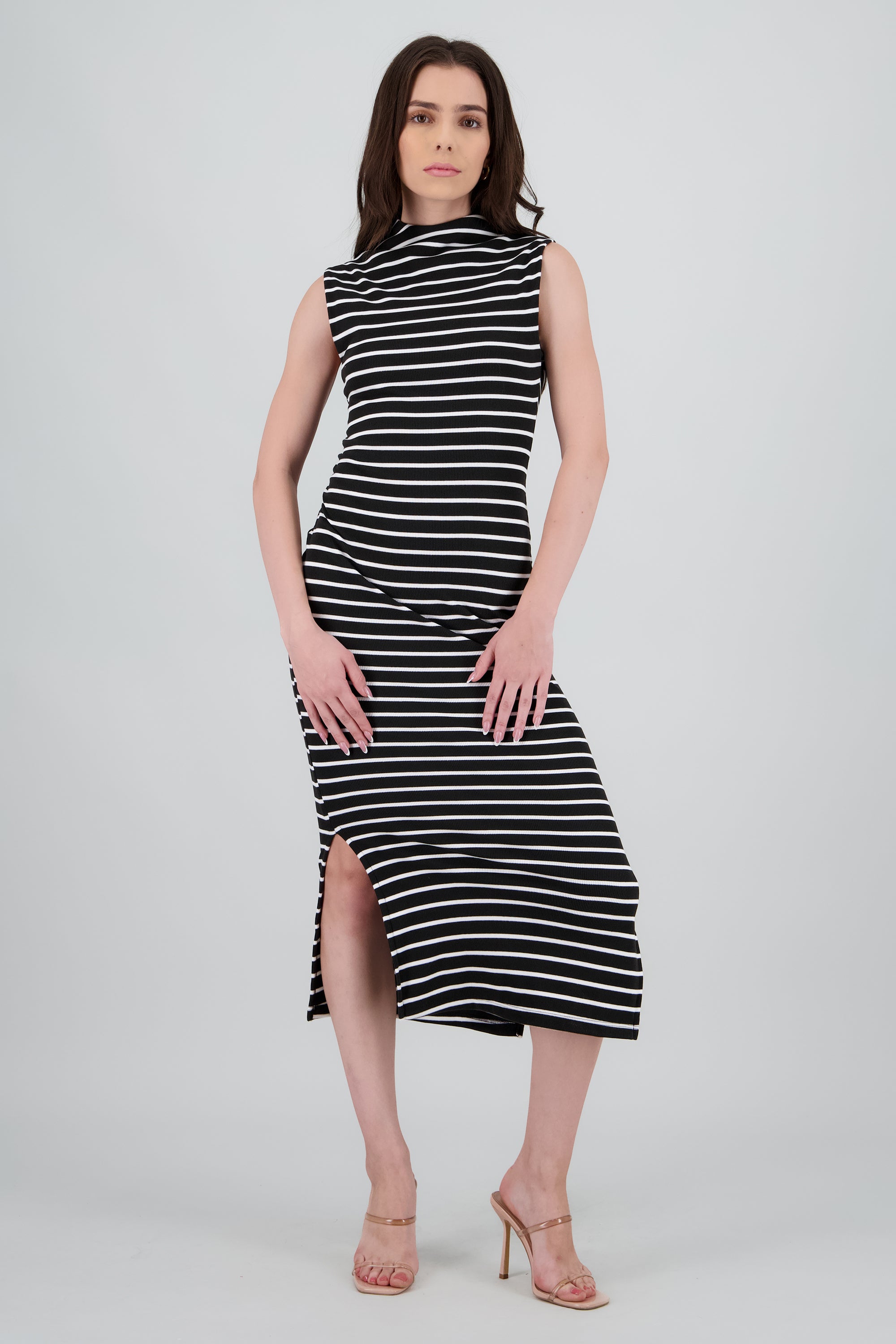 Vestido maxi rib cuello alto rayas NEGRO COMBO
