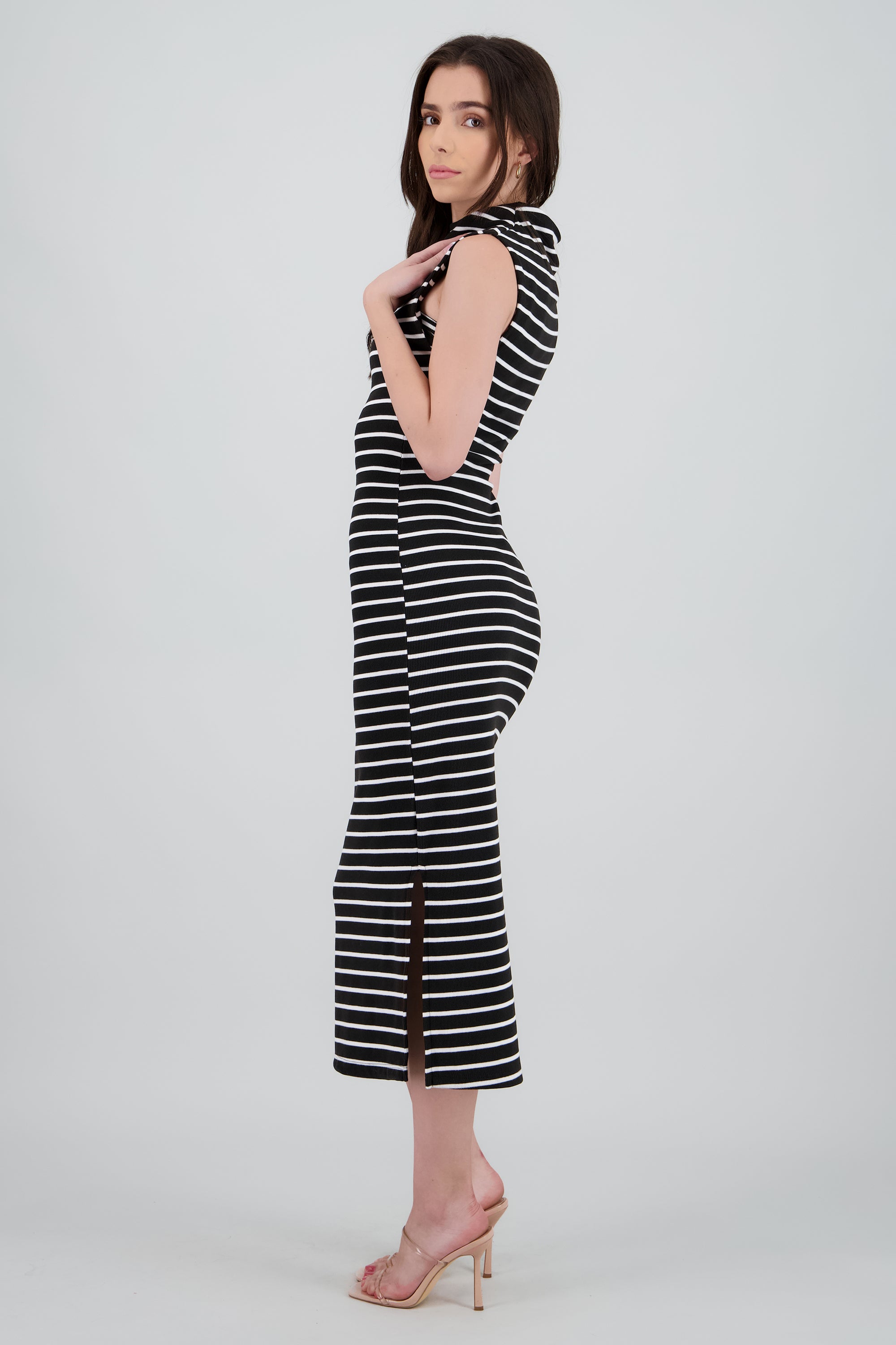 Vestido maxi rib cuello alto rayas NEGRO COMBO