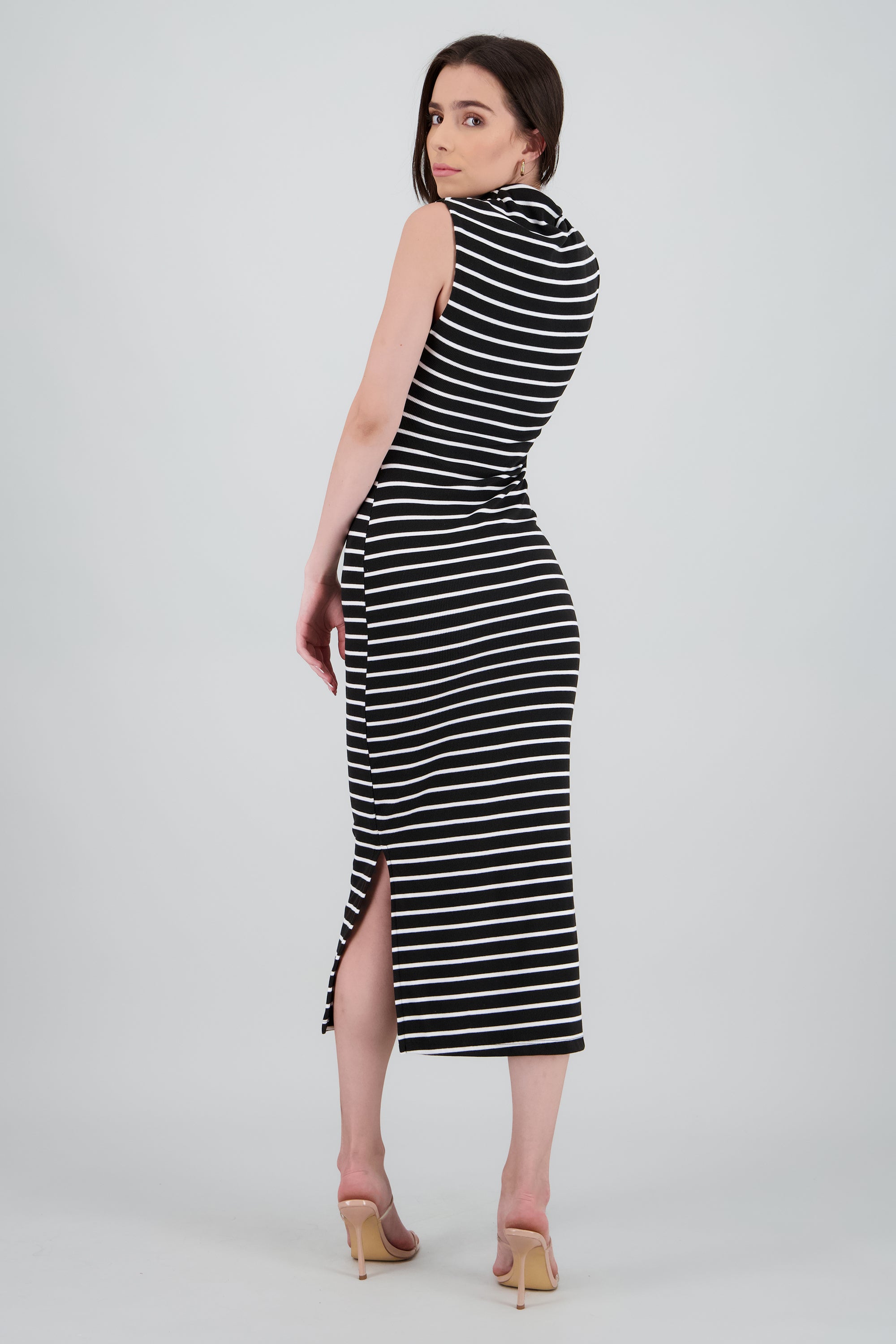 Vestido maxi rib cuello alto rayas NEGRO COMBO
