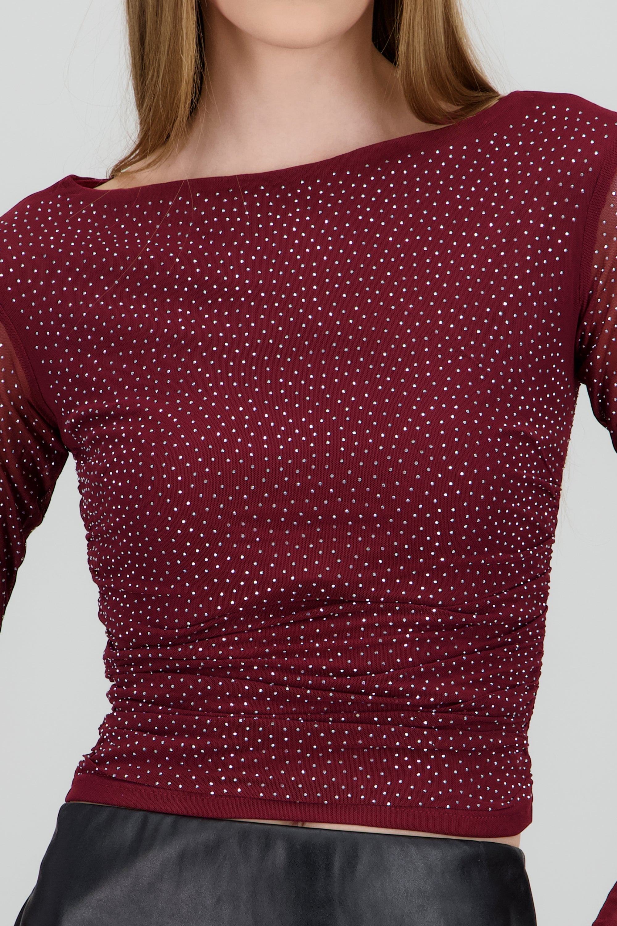 Top mesh aplicaciones brillos drapeado VINO