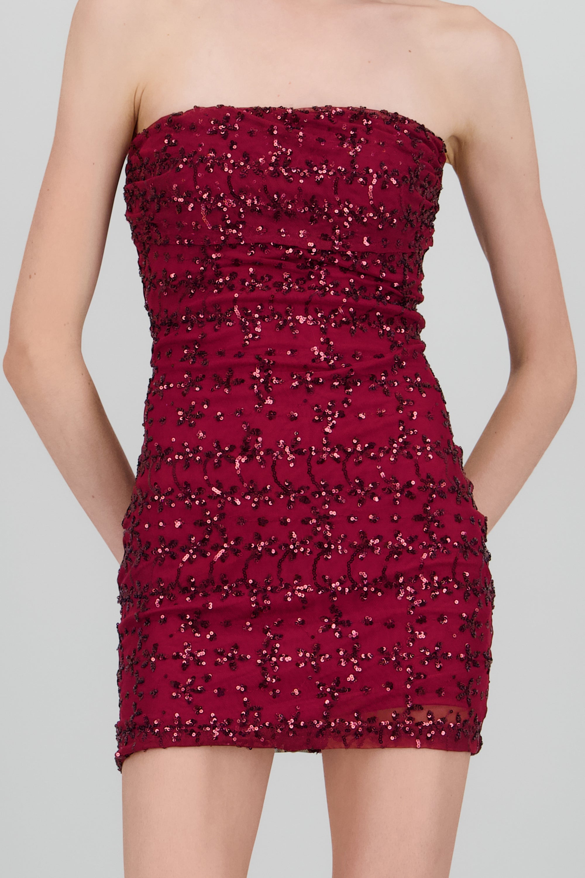 Vestido mini bandeau mesh lentejuela VINO