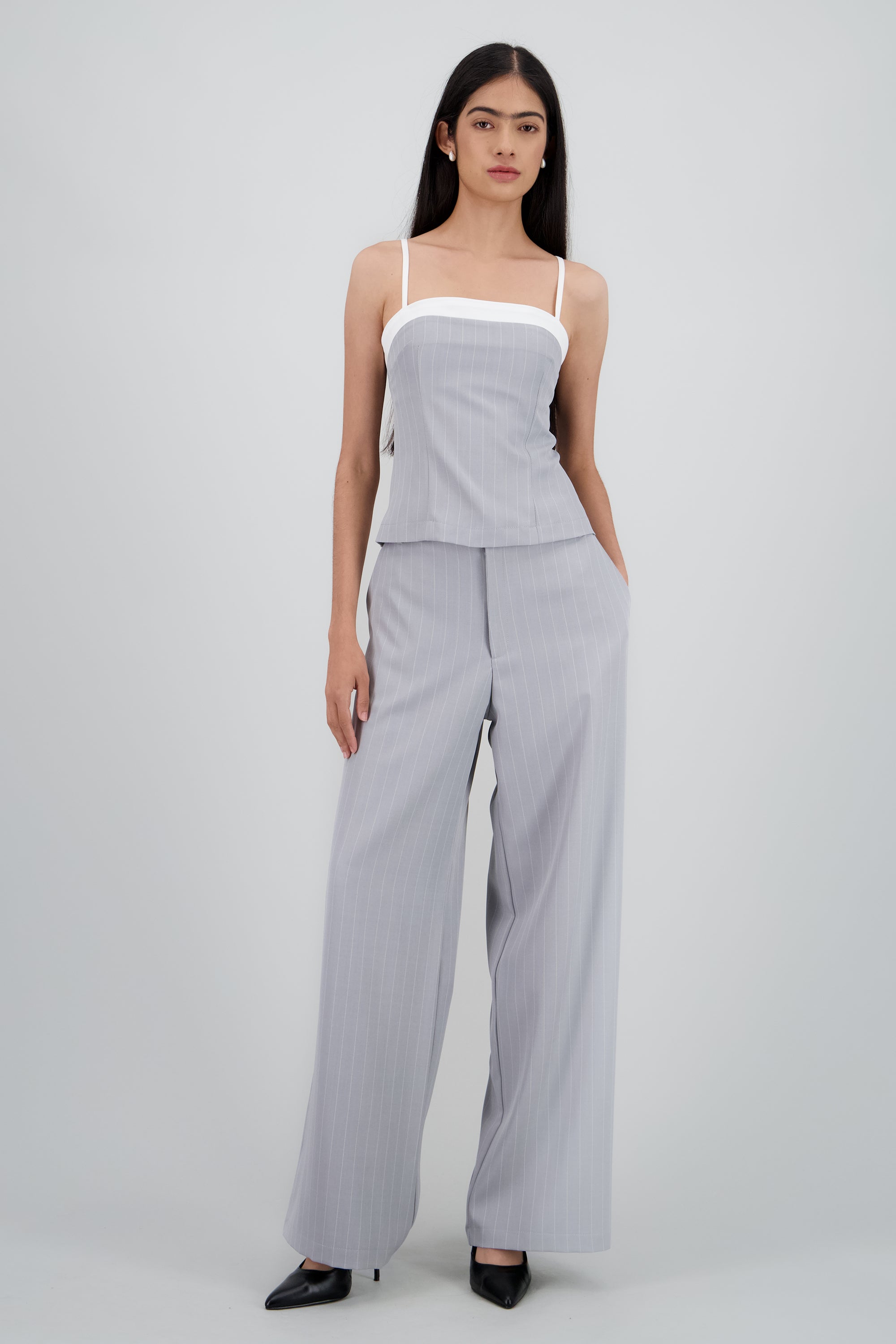 Pantalon recto sastreado detalle rayas GRIS COMBO