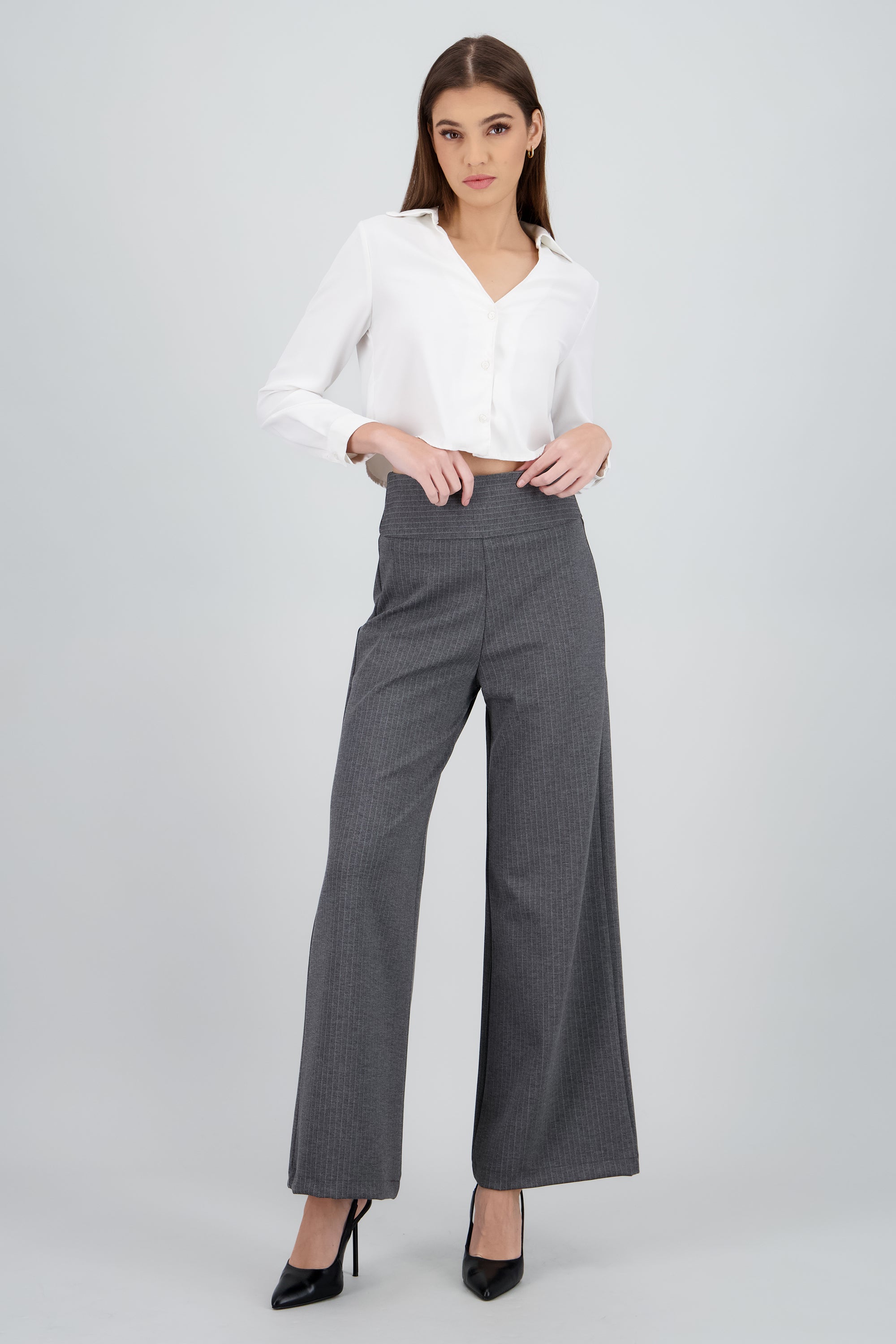Pantalon wide leg con pretina ancha rayas GRIS COMBO