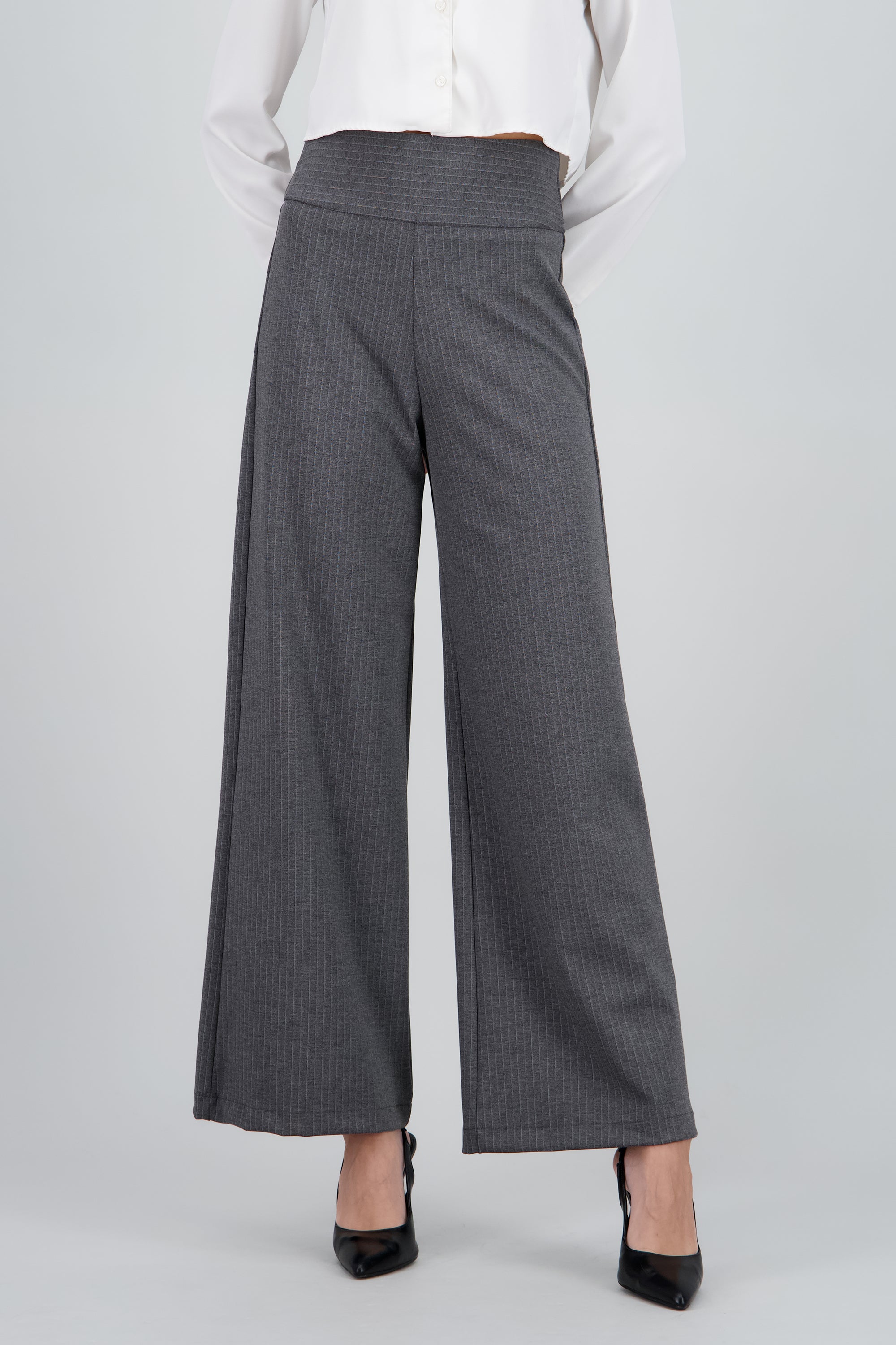 Pantalon wide leg con pretina ancha rayas GRIS COMBO